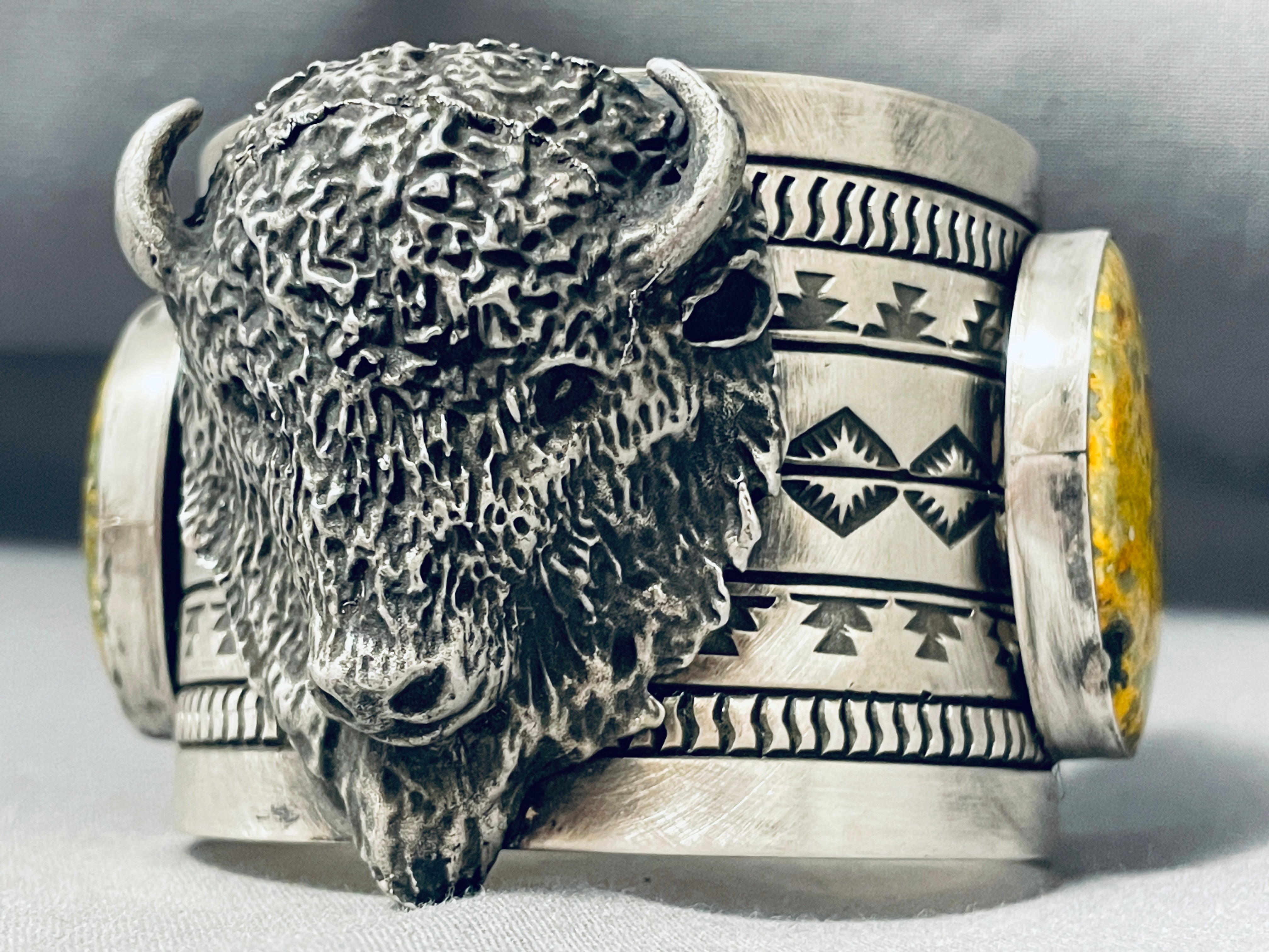 202 Grams Native American Bison Yellow Jasper Sterling Silver Bracelet - Handmade Spiritual Jewelry for Women, Men - Perfect for Meditation, Healing & Boho Fashion