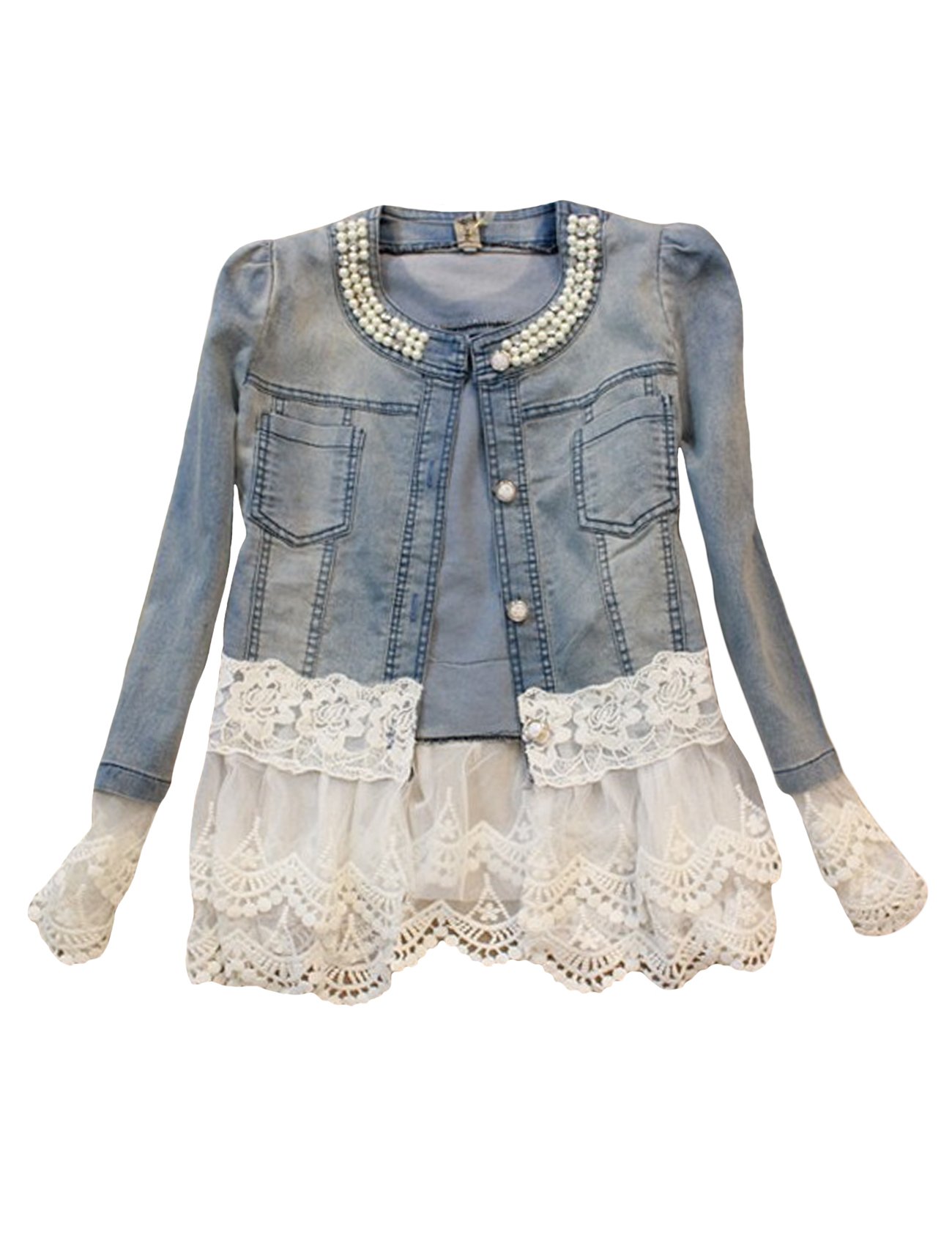 Letuwj Women's Denim Jacket with Lace Trim & Fake Pearl Embellishment - Stylish Outerwear for Casual Outings, Date Nights & Spring Layering