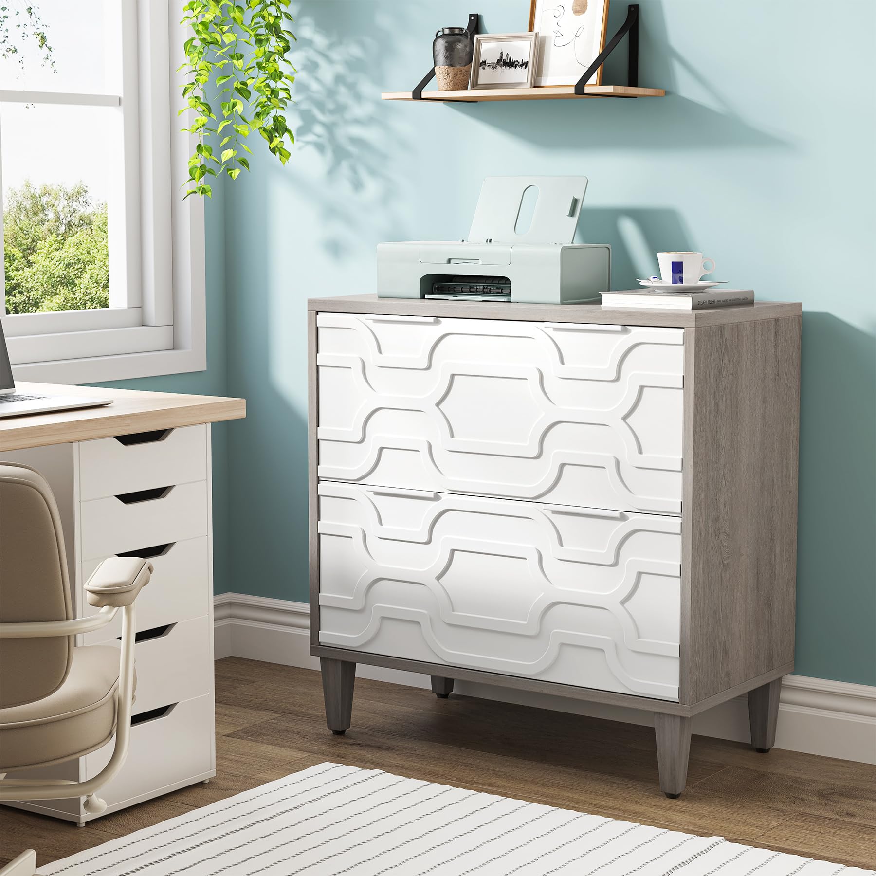 Tribesigns 2-Drawer Lateral File Cabinet - A4 Letter Legal Size Office Storage Organizer with Printer Stand - White & Gray Home Office Filing Solution for Documents & Supplies