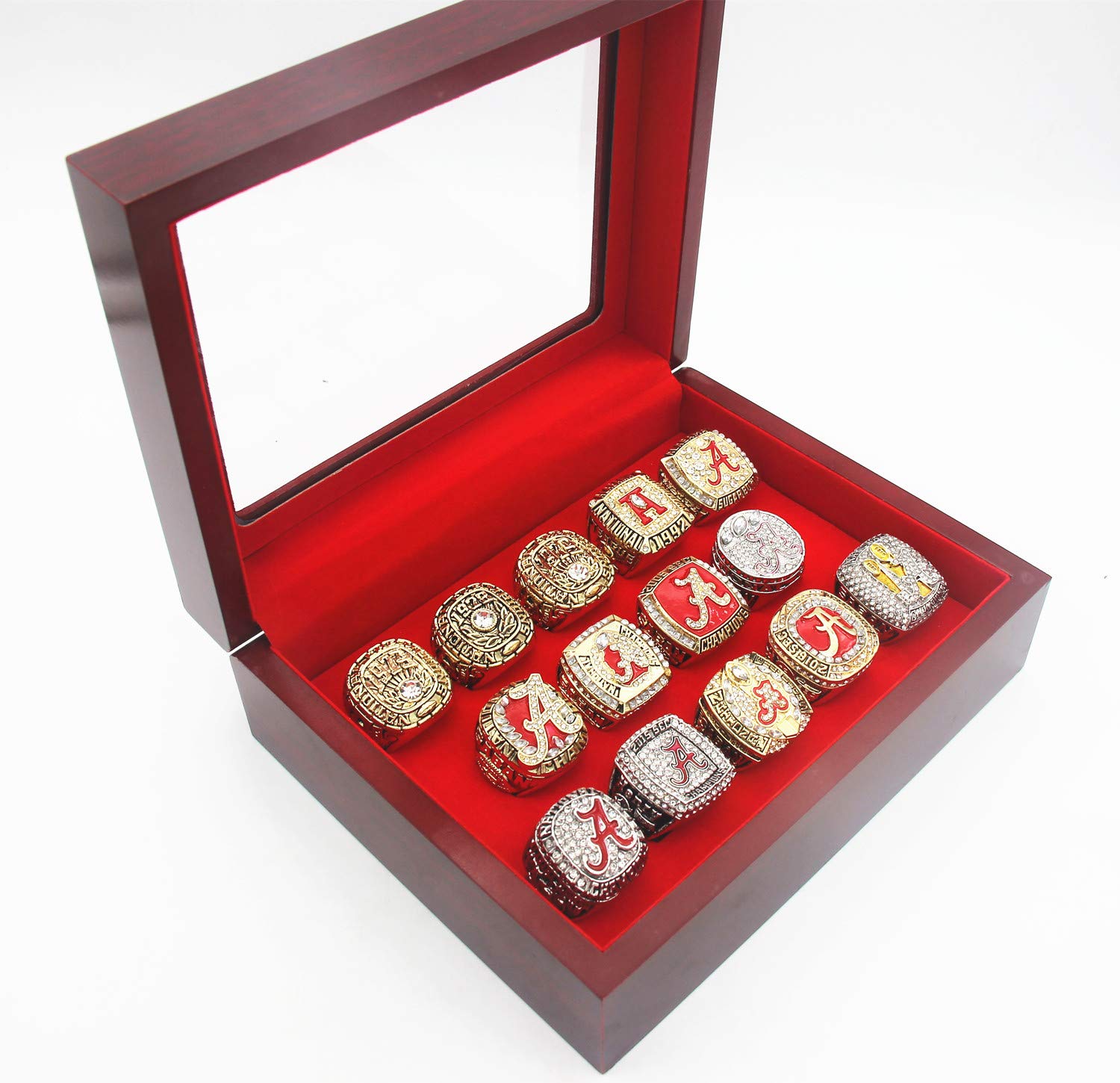 Alabama Crimson Tide Football Championship Ring Replica Set of 14 with Wooden Display Box - Perfect for Collectors, Fans, and Sports Memorabilia Enthusiasts