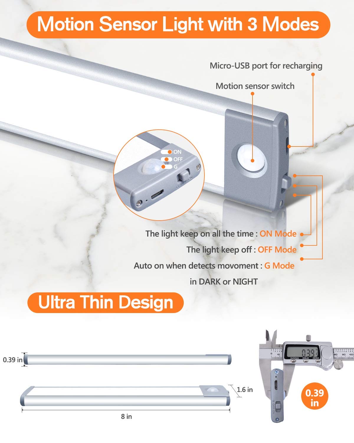 PRIORARE Ultra Thin 30 LED Wireless Rechargeable Under Cabinet Lighting with Motion Sensor - Battery Operated Closet Light for Kitchen, Wardrobe, Pantry (Pure White, 2 Pack) - Perfect for Dark Spaces & Nighttime Navigation