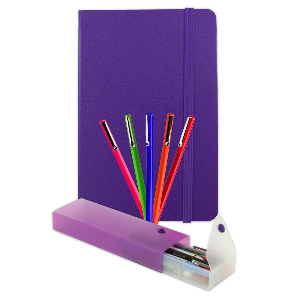 JAM PAPER Artist Writer Pack - 5 Fine Point Purple Markers, Pen Case & Journal Set - Perfect for Classroom, Office & Creative Writing Projects