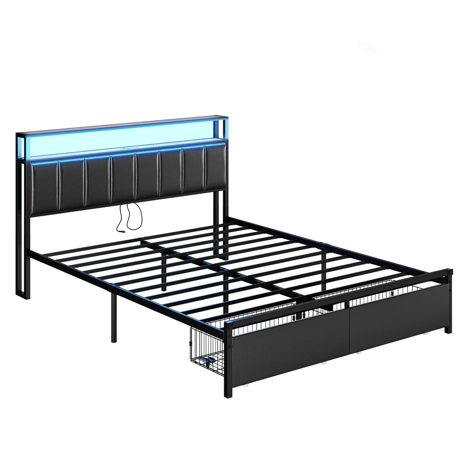 AMERLIFE Queen LED Bed Frame with 2-Tier Storage Drawers, Leather Upholstered Platform Bed with USB Charging Station Headboard - No Box Spring Needed, Easy Assembly, Noise Free, Black - Perfect for Modern Bedrooms, Small Spaces & Tech-Savvy Users