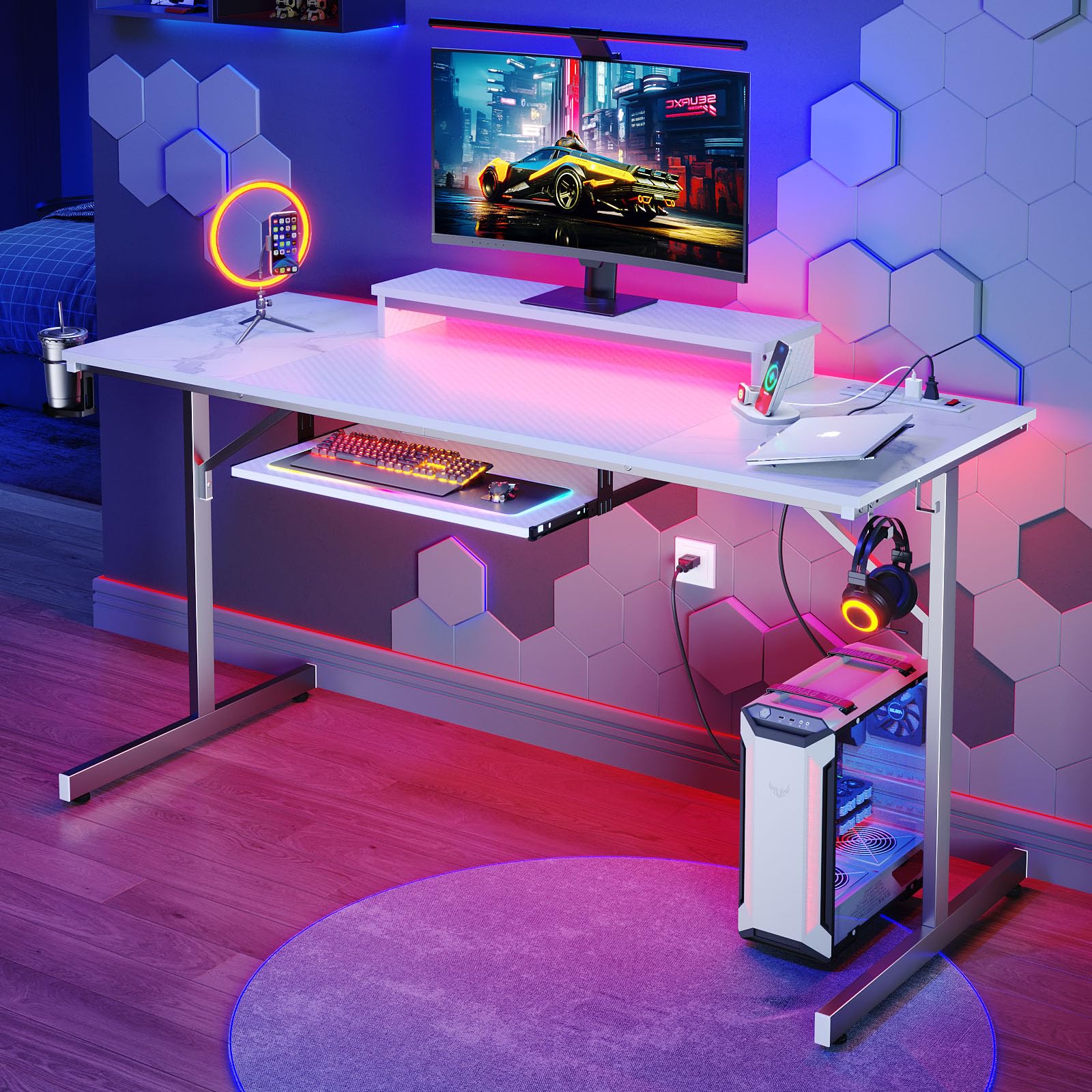 Bestier 63 Inch LED Gaming Desk with Power Outlets - Ergonomic Computer Desk with Adjustable Laptop Stand & Keyboard Tray - Modern Home Office PC Desk with Headset Hook (Carbon Fiber/Marble White) - Perfect for Gaming Setup, Workstation & Small Space Home Office