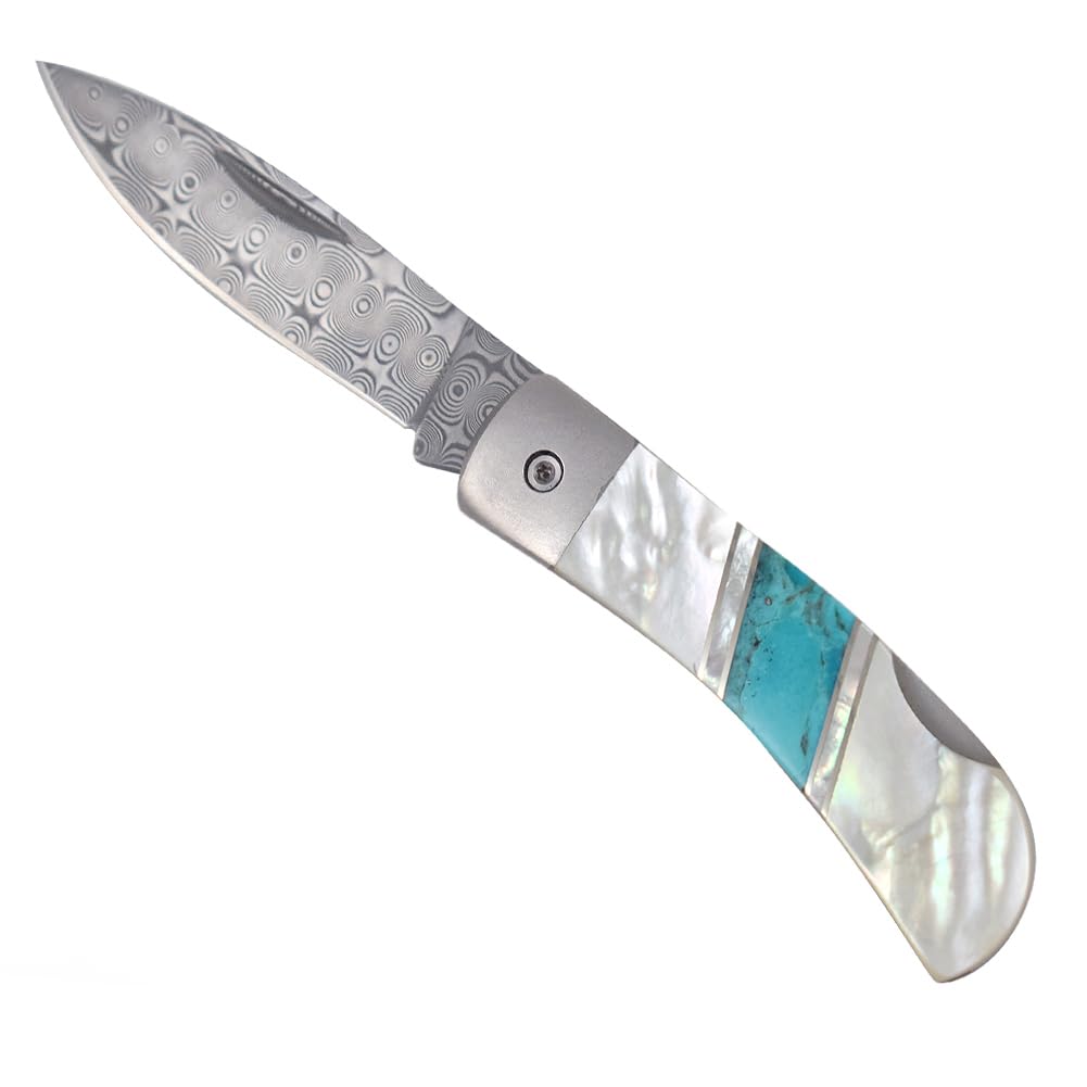 Premium Folding Pocket Knife with Damascus Steel Blade, Artisan-Crafted Mother of Pearl & Arizona Turquoise Handle, 3
