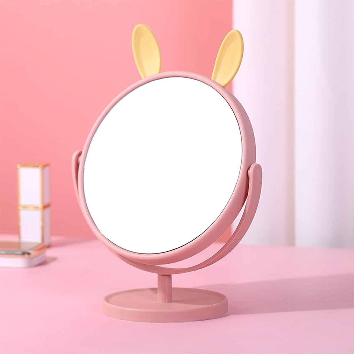 Leeonz Round Vanity Makeup Mirror with Stand - Wall Mount or Desktop Plastic Mirror with Cute Rabbit Ears (Pink & Yellow) for Bathroom, Bedroom, Dorm Room Decor