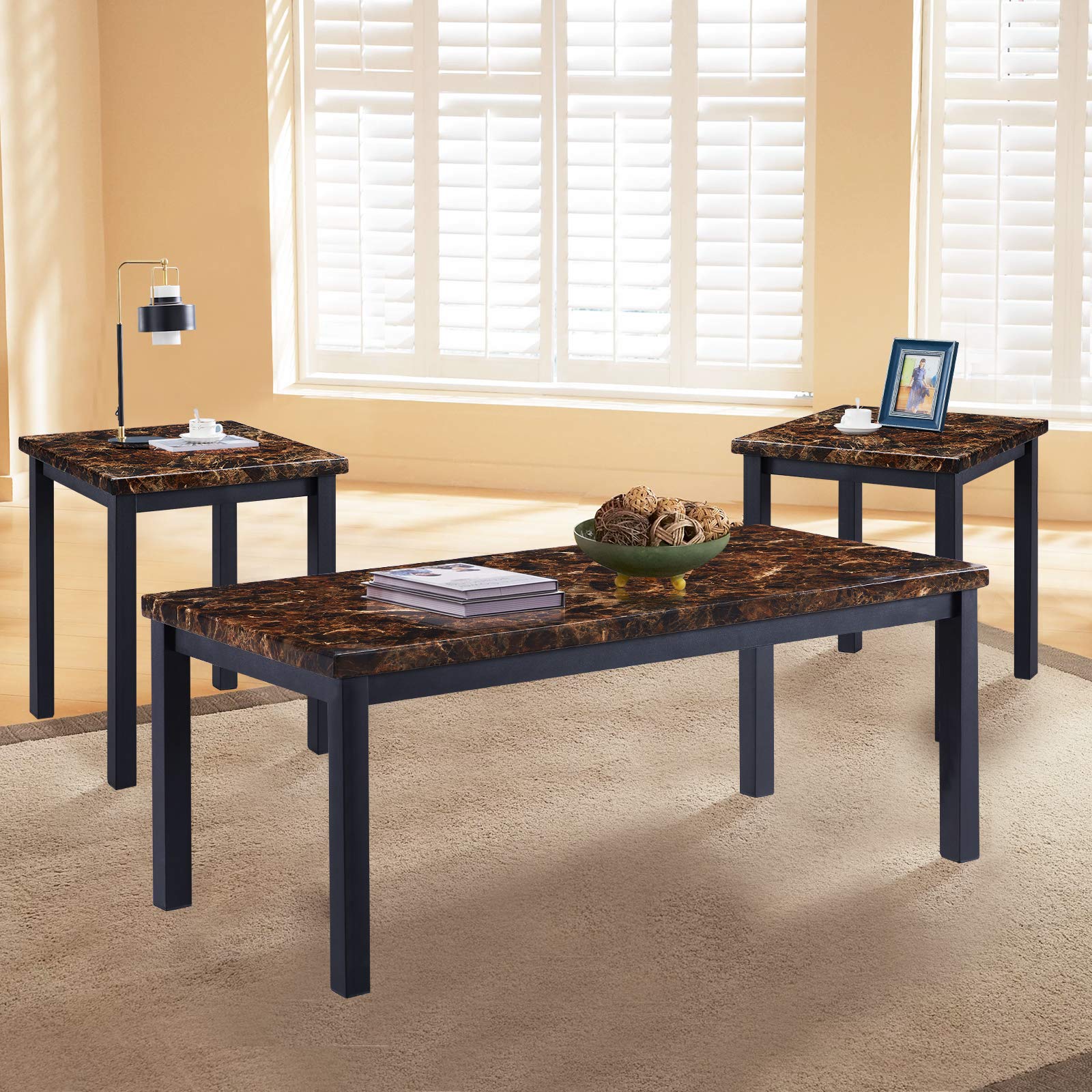 Modern Faux Marble Cocktail Table Set of 3 - 1 Coffee Table & 2 End Tables with Powder Coated Metal Legs, Brown Wood Living Room Furniture for Sofa, Lounge & Home Decor
