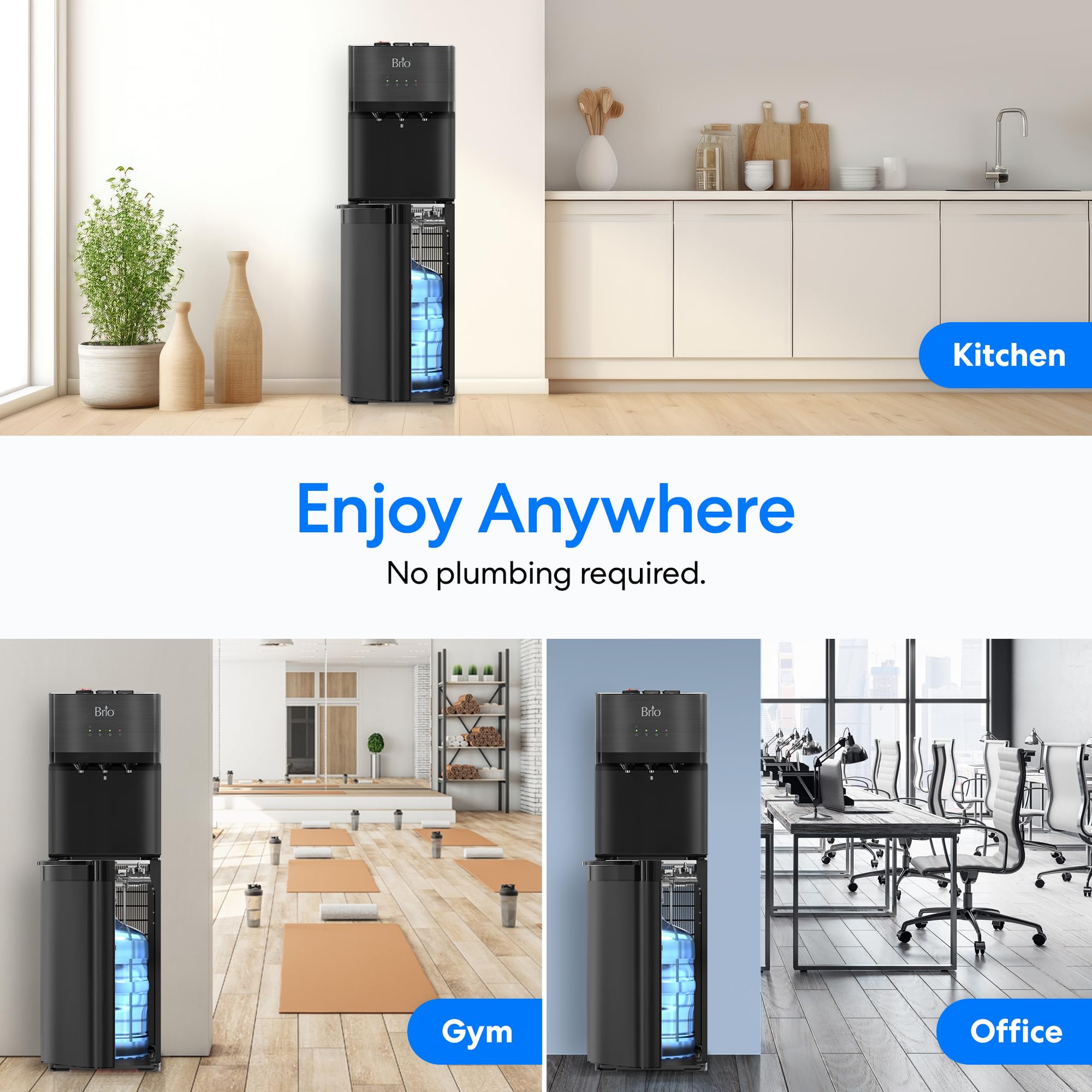 Brio Self-Cleaning Bottom Loading Water Cooler Dispenser - Black Stainless Steel - 3 Temperature Settings (Hot, Room & Cold) - Ideal for Home, Office & Kitchen Use