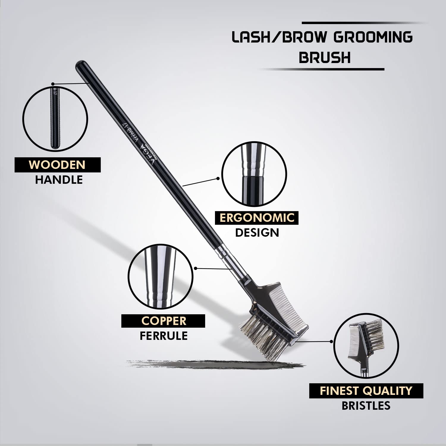 VEGA PROFESSIONAL Lash & Brow Grooming Brush with Soft Bristles, Copper Ferrule & Wooden Handle - VPPMB-17 | Perfect for Eyebrow Shaping, Eyelash Styling & Daily Makeup Routine
