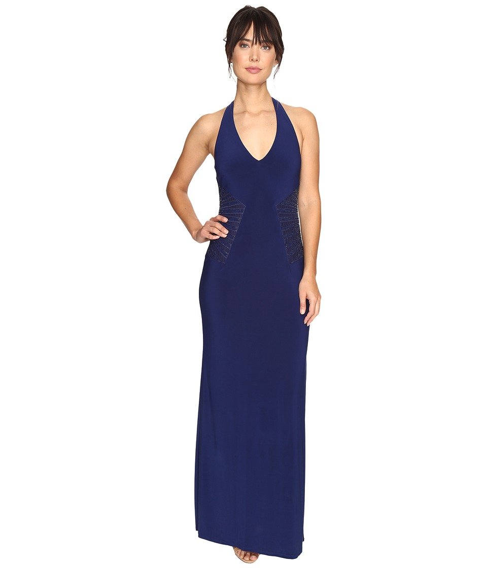 Shelli Segal Embellished Halter Gown - Midnight Blue Formal Dress for Evening Parties, Galas & Special Occasions