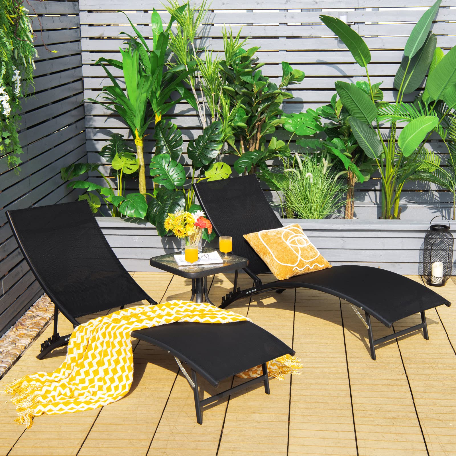 Giantex Outdoor Chaise Lounge Set of 2 - Foldable Pool Lounge Chairs with 5-Position Adjustable Backrest, Quick-Drying Fabric - Patio Lounger for Backyard, Beach, Lawn & Sunbathing - Perfect for Poolside Relaxation, Summer Vacation & Outdoor Lounging (Black)