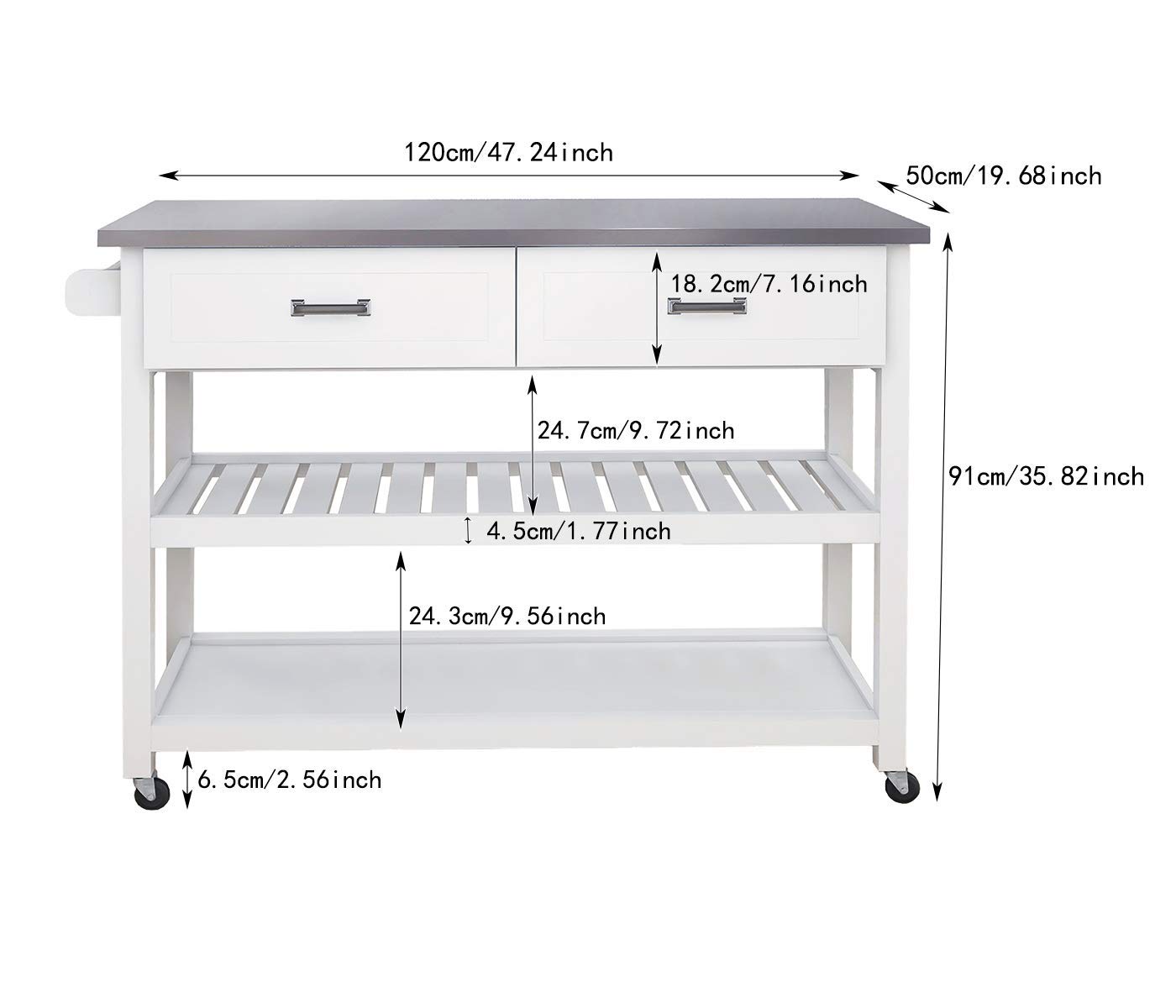 RASOO White Kitchen Island Cart with Stainless Steel Top, 2 Drawers & Storage Shelves, Mobile Kitchen Cart on Wheels 47.24