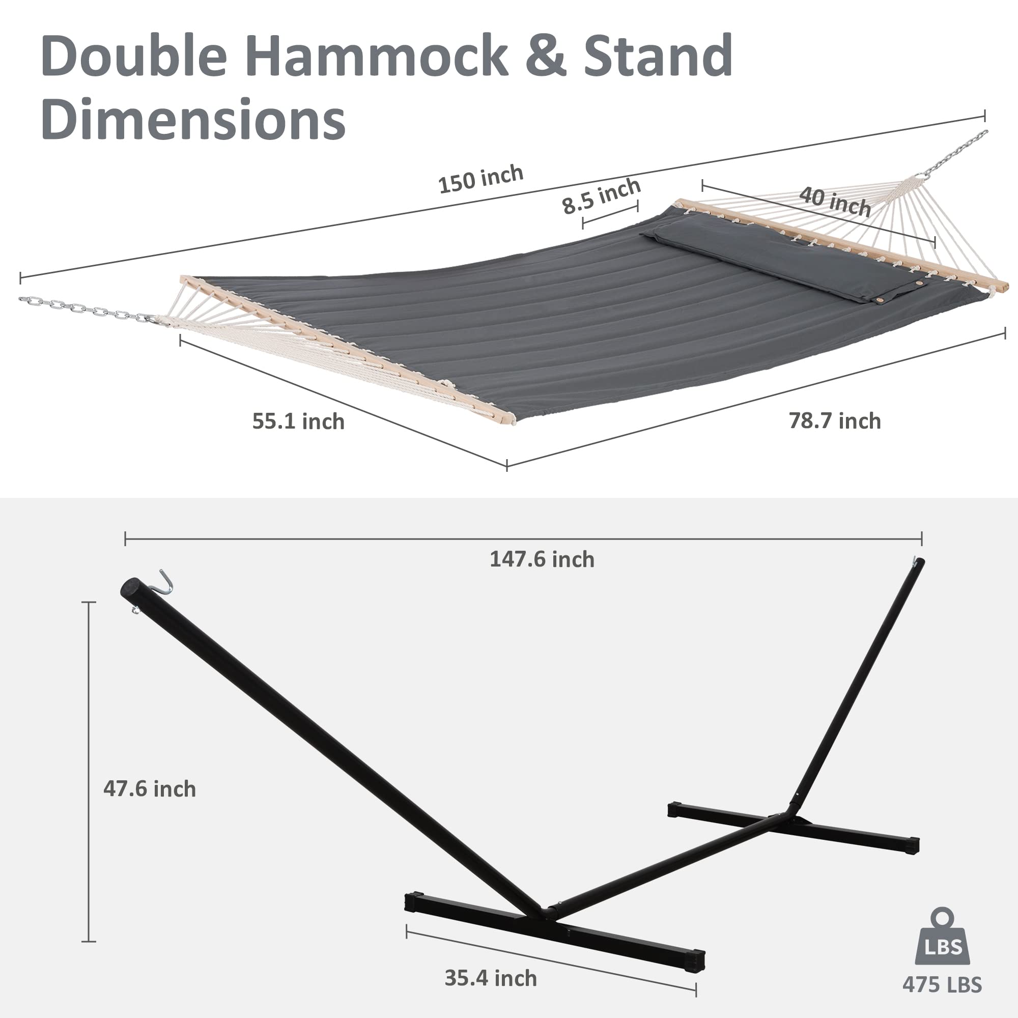 SUNCREAT 2 Person Hammock with Stand - Heavy Duty Portable Outdoor Hammock for Backyard, Camping & Beach - 475 lbs Capacity - Dark Grey - Perfect for Relaxing, Lounging & Picnics