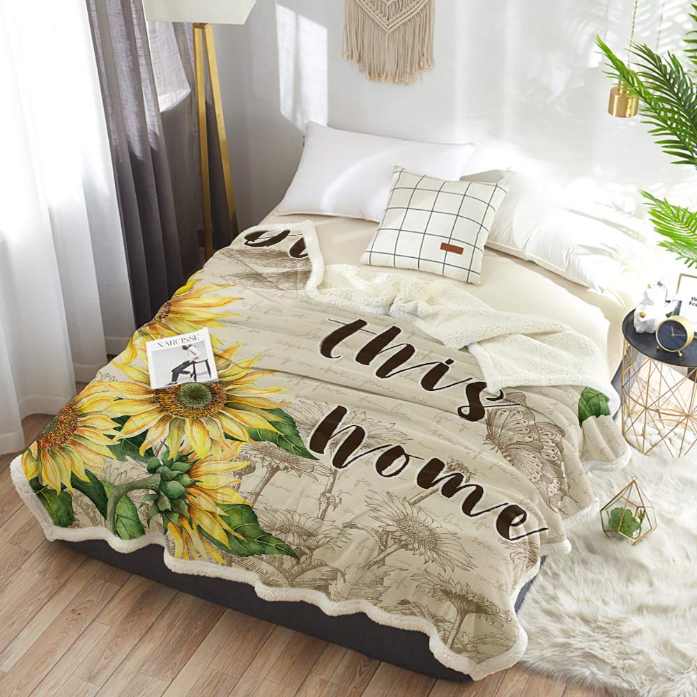 Sherpa Fleece Throw Blanket - Ultra Soft Cozy Plush Microfiber Blanket for Couch & Bed (59x79 inch) | Warm Winter Blanket for Home, Office, Travel - Bless This Home Sunflower Butterfly Design
