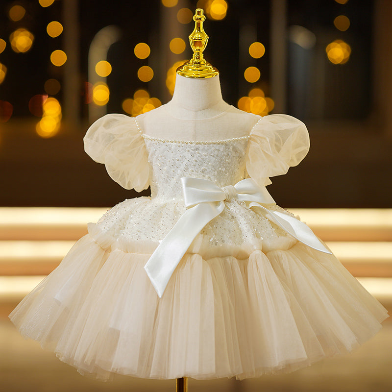 Elegant Champagne A-Line Flower Girl Dress with Sequin & Tulle - Perfect for Weddings, Pageants, and Special Occasions