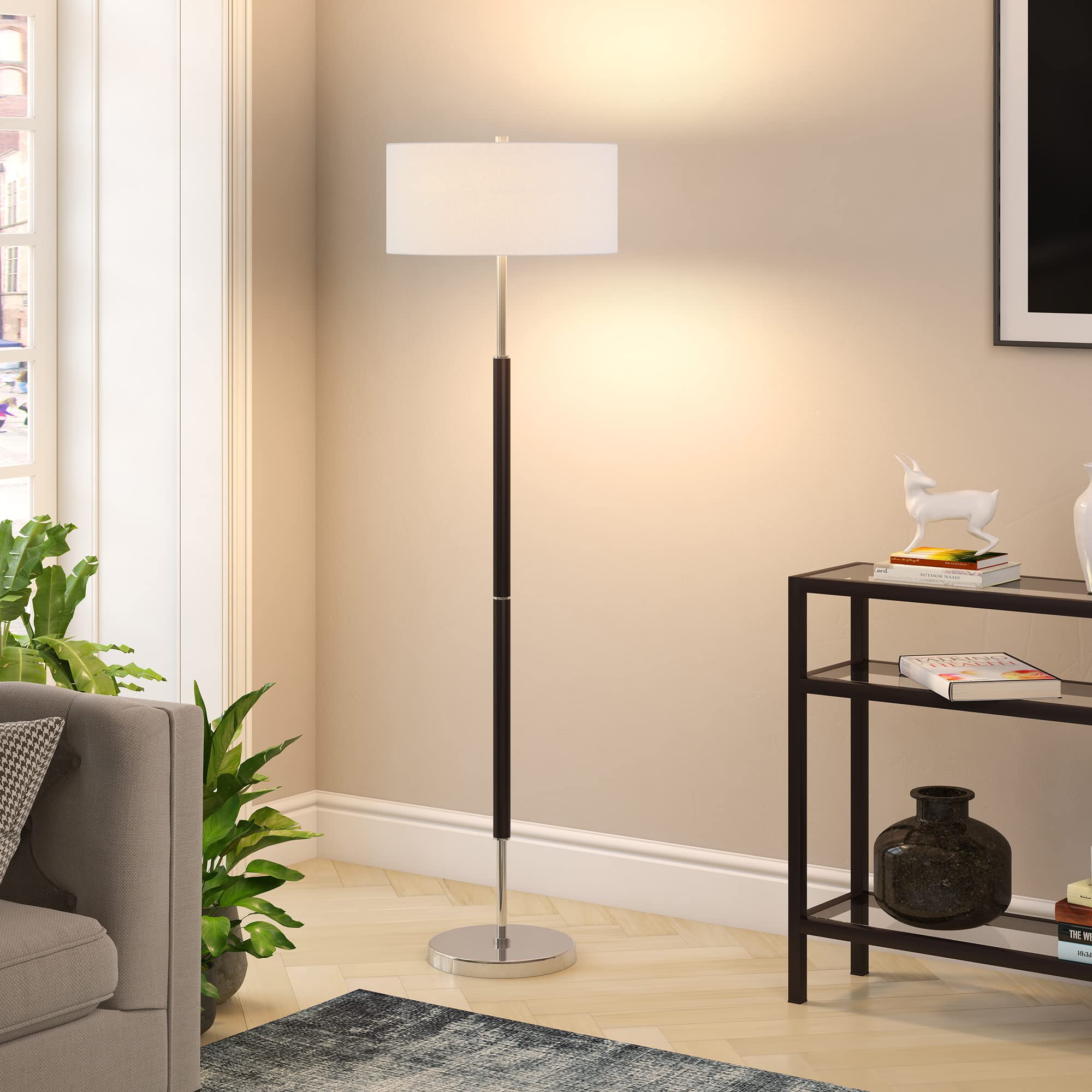 Henn&Hart 2-Light Modern Floor Lamp with Fabric Shade - Matte Black/Polished Nickel/White Finish - Adjustable Standing Lamp for Home Office, Bedroom & Living Room - Perfect for Reading, Working & Ambient Lighting