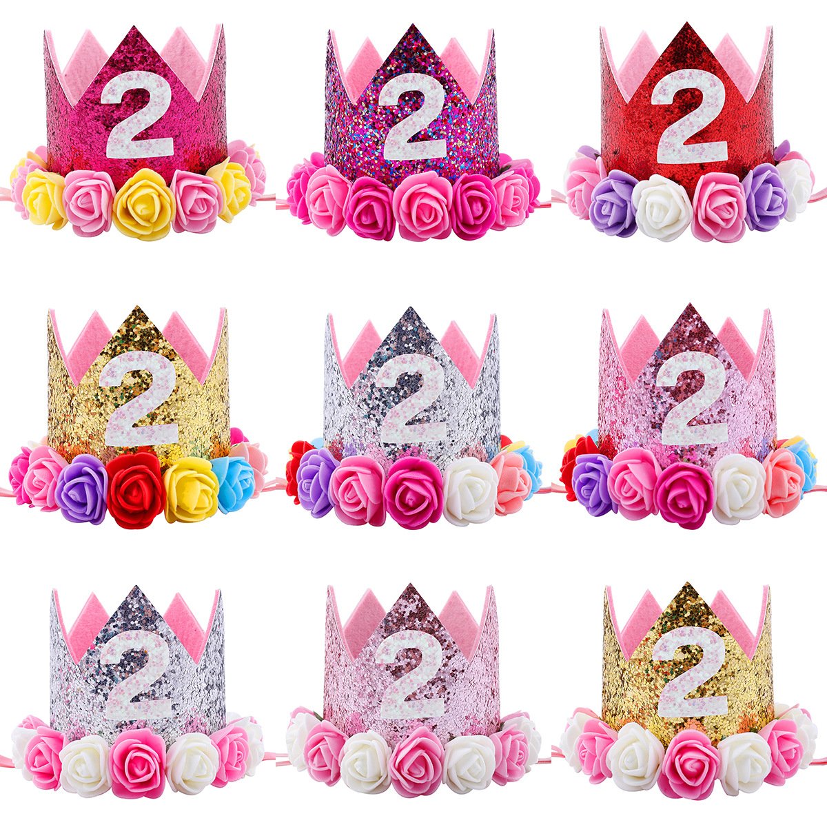 TVOIP Baby Princess Tiara Crown - Sparkling Gold Flower Style with Artificial Roses for Girls' First Birthday Party (2-Pack) | Perfect for Birthday Celebrations, Photo Shoots & Special Occasions