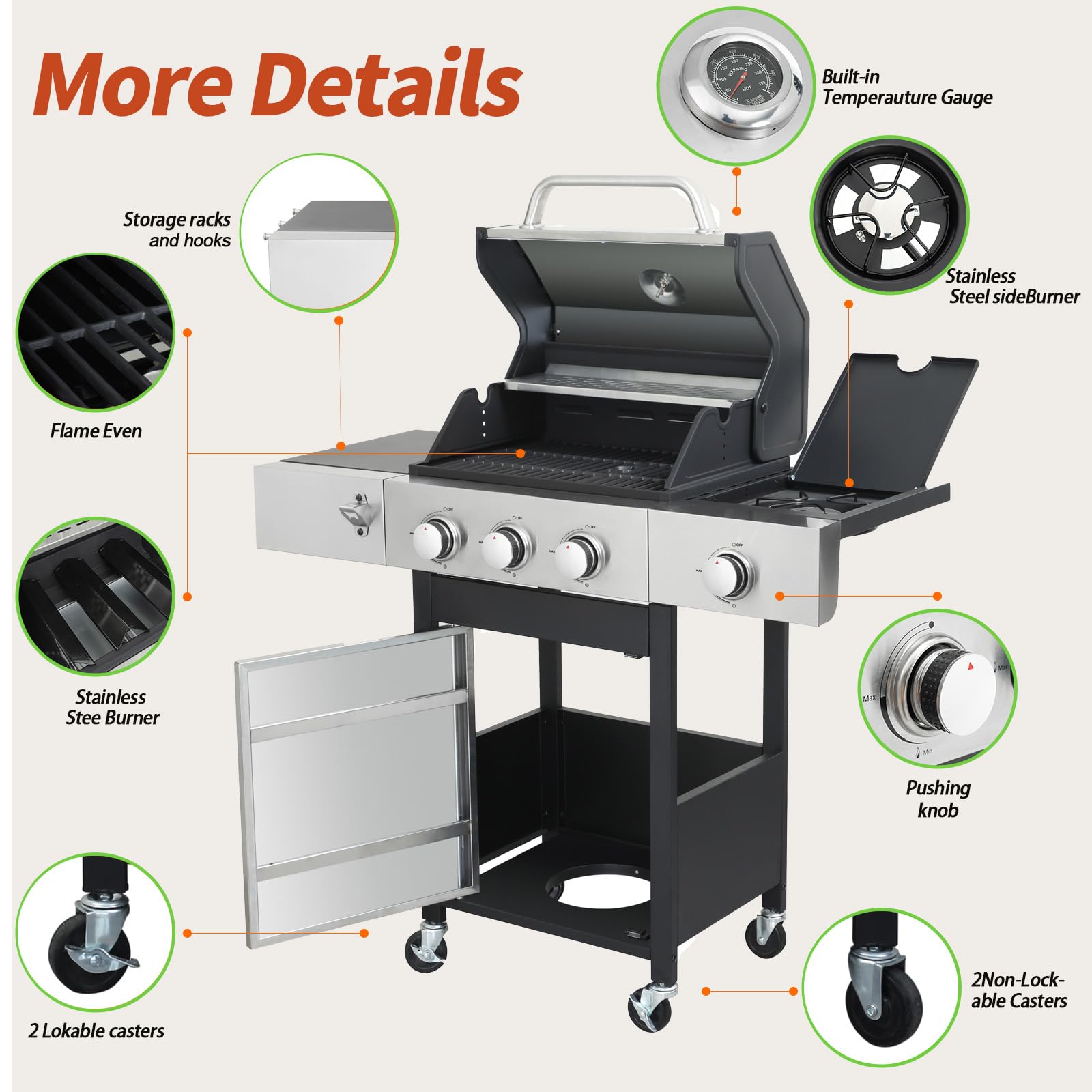 3-Burner Stainless Steel Propane Gas Grill with Side Burner & Thermometer - 37,230 BTU Outdoor BBQ Grill for Backyard, Patio, Camping & Picnics | Perfect for Grilling Burgers, Steaks & Vegetables
