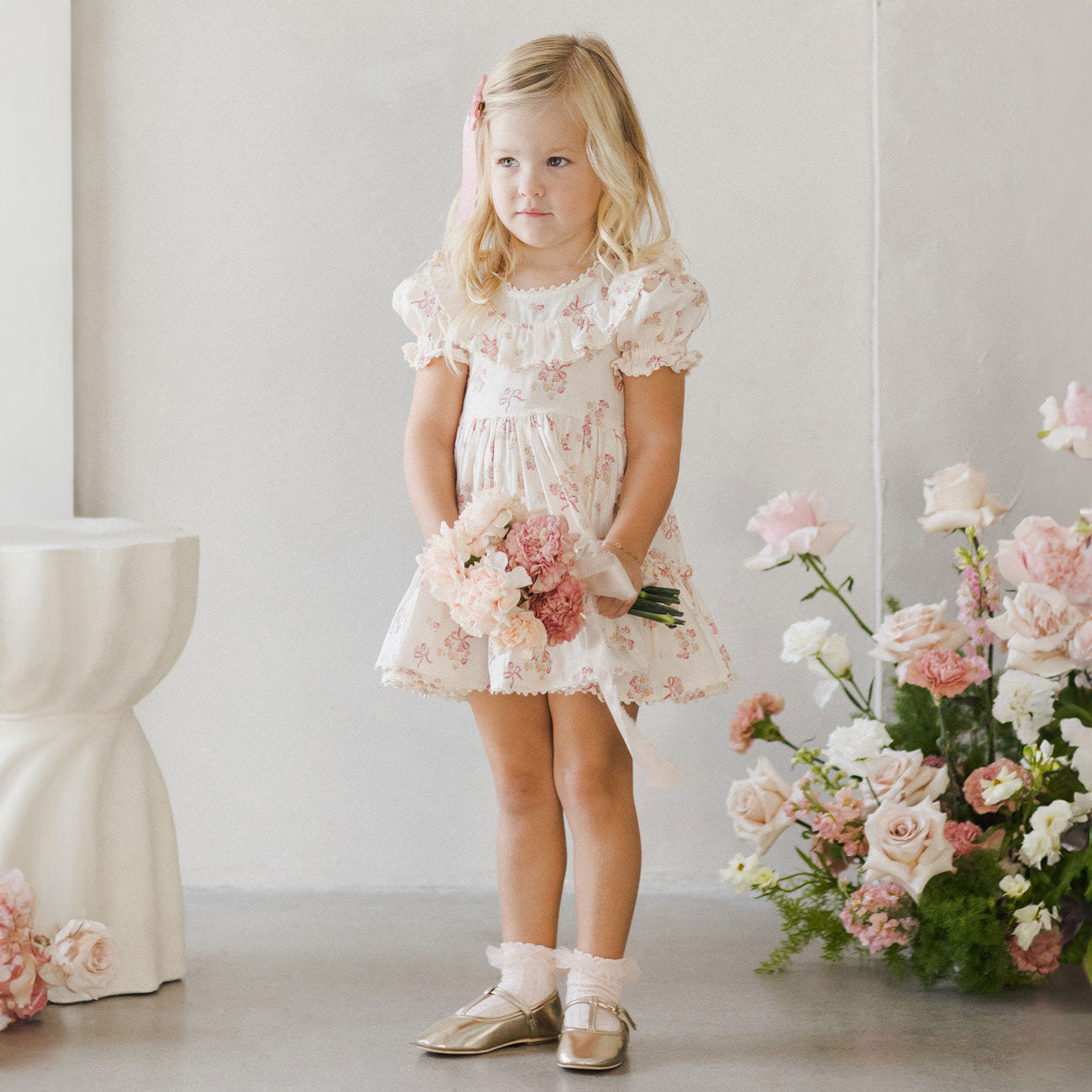 Eva Dress with Bow - Floral Ditsy Print - Natural Cotton Fabric - Perfect for Casual Outings, Parties, and Summer Events