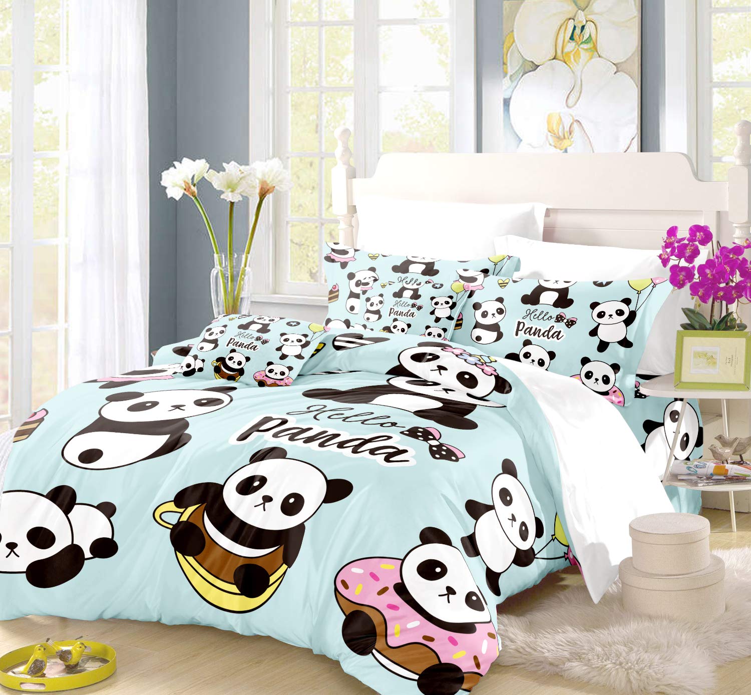 REALIN Panda Bedding Set - Pink Blue Green Cartoon Panda Duvet Cover with Hot Air Balloon Design, 2/3/4PCS Microfiber Quilt Cover, Sheets & Pillow Shams for Twin/Full/Queen/King Size - Perfect for Kids' Room, Nursery Decor or Themed Bedroom