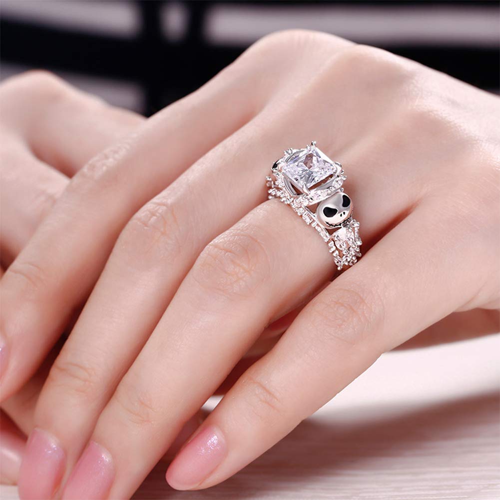 Jeulia 925 Sterling Silver Skull Ring for Women - Nightmare Before Christmas Inspired Princess Cut Band Ring, Anniversary & Promise Gift for Her - Perfect for Christmas, Halloween, and Gothic Fashion