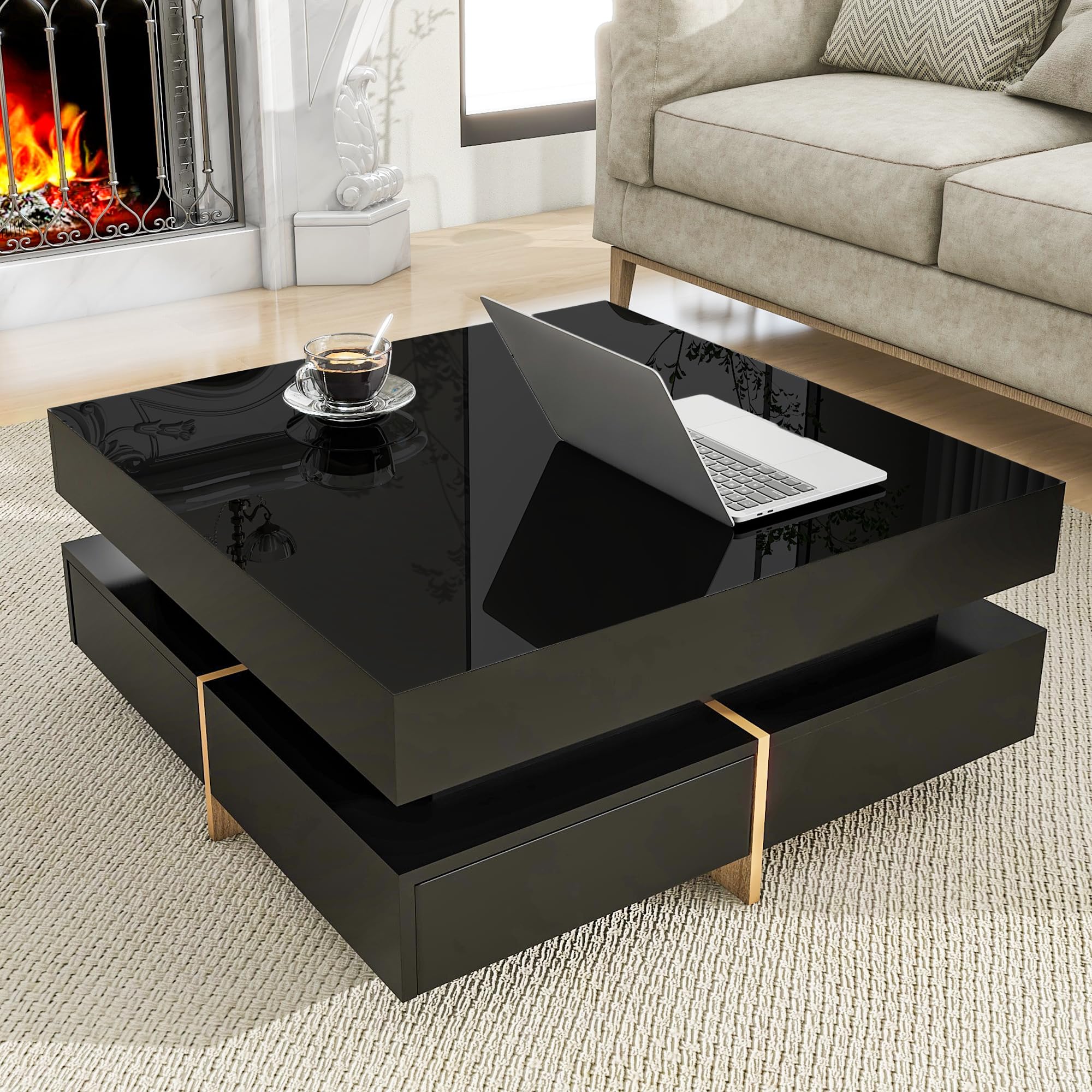 Modern High Gloss Coffee Table with 4 Drawers - Merax Multi-Storage Square Cocktail Table with Wood Grain Legs for Living Room, 31.5