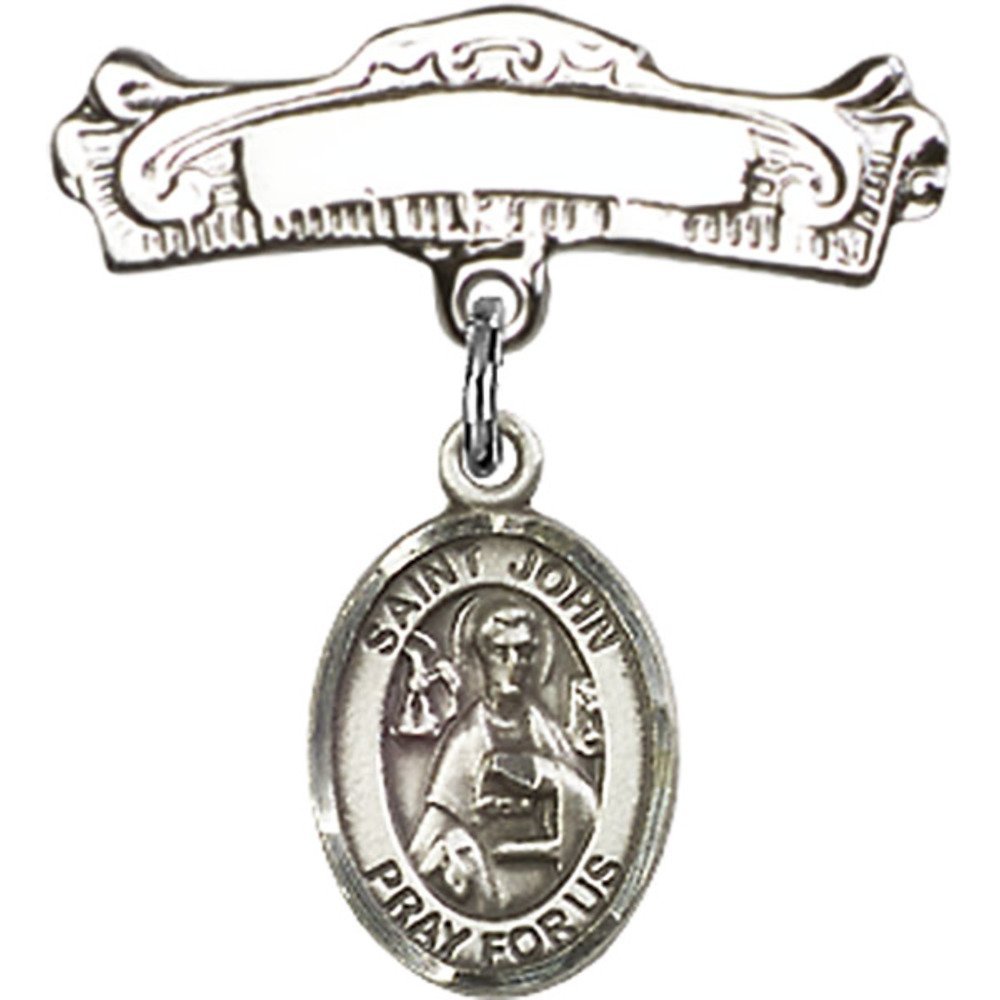 Sterling Silver Baby Badge with St. John The Apostle Charm - 7/8 X 7/8 Inch Arched Polished Pin | Religious Jewelry Gift for Baptism, Christening & First Communion