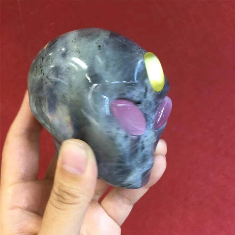 Natural Labradorite Crystal Skull Carving - Alien Design for Chakra Healing, Reiki & Meditation | Unique Spiritual Gift & Home Decoration (Perfect for Yoga Rooms, Altars & Energy Work)