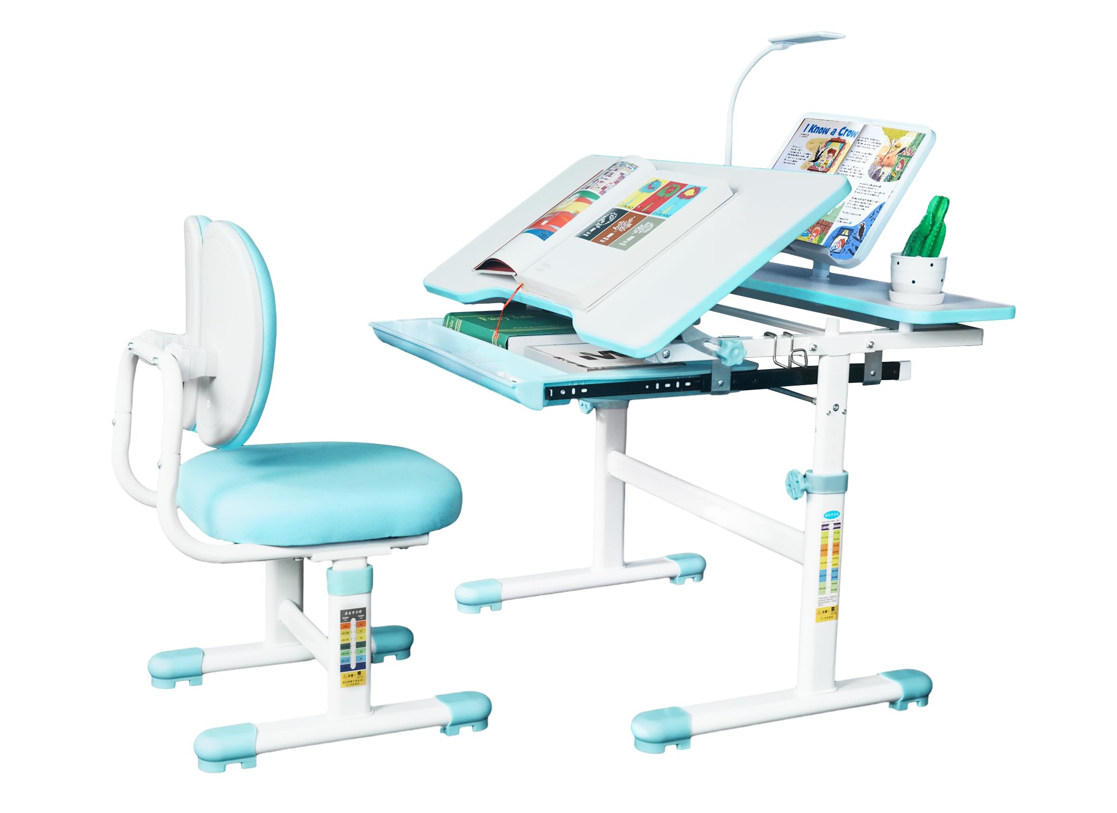 Adjustable Kids Desk and Chair Set with LED Lamp - 3 Height Modes, 3 Brightness Levels, 60° Tilting Tabletop & Large Storage Drawer - Perfect for Study, Drawing & Homework (Blue)