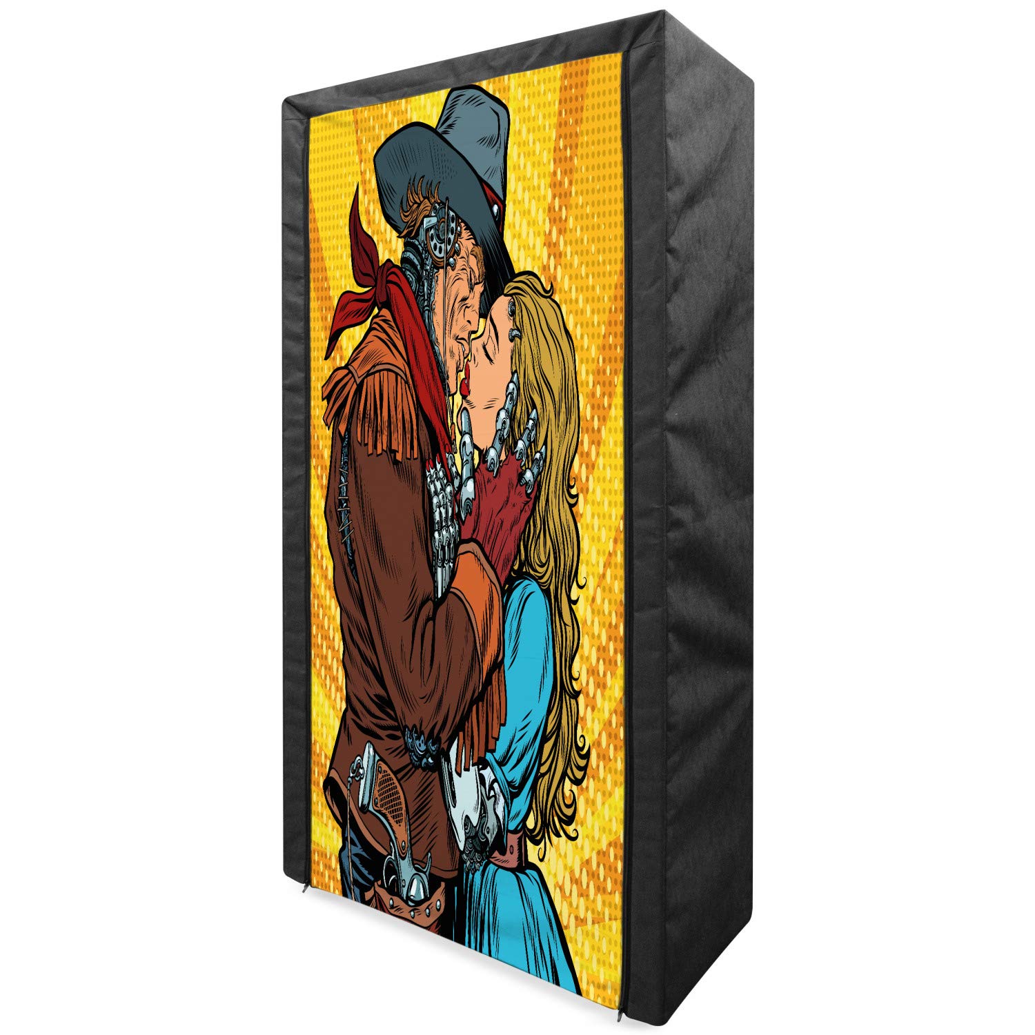 Ambesonne Western Portable Fabric Wardrobe with Shelves | Steampunk Robots & Cowboy Kisses Print | 33.5