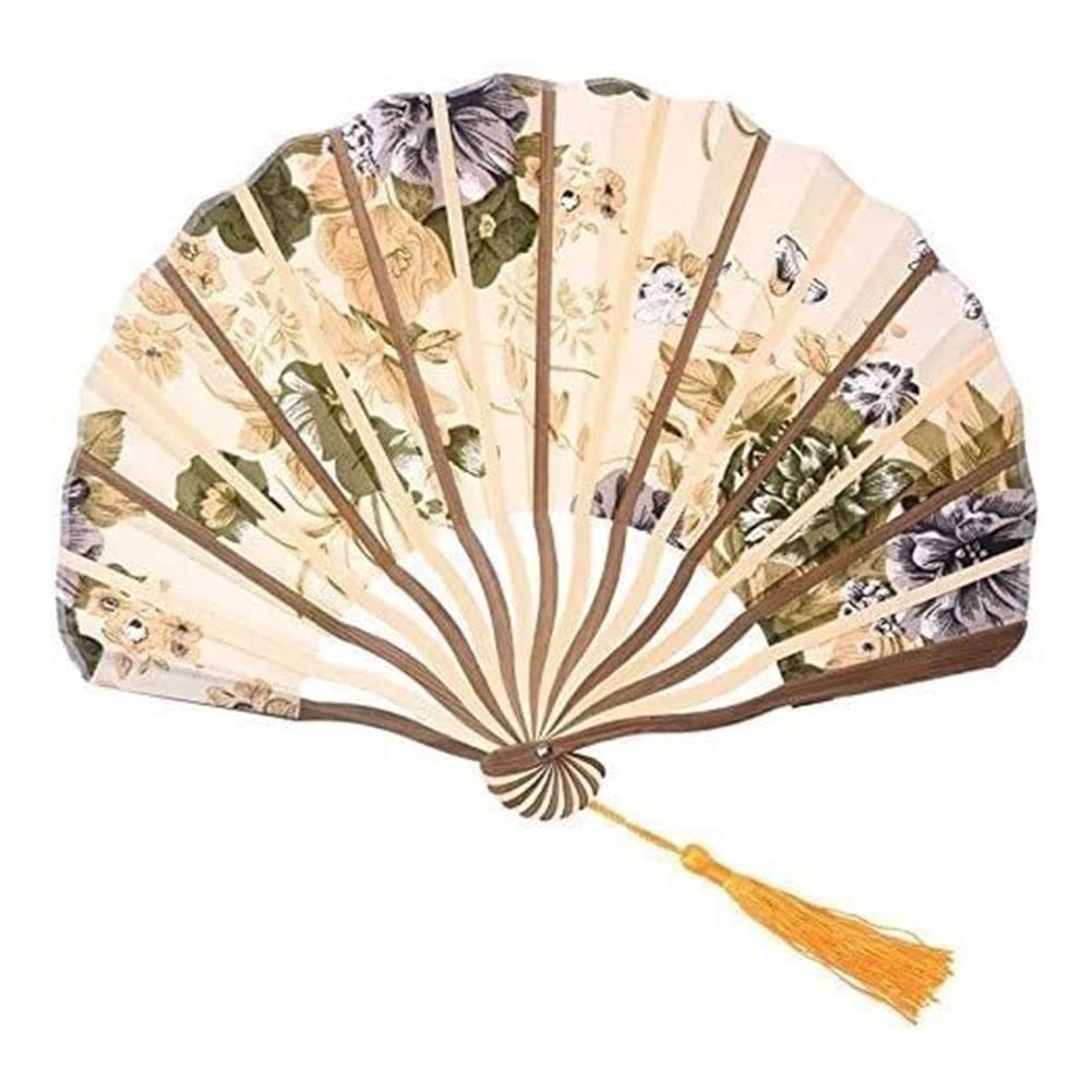 XXSLY Classic Peony Flower Folding Hand Fan - Elegant Beige Bamboo Fabric Fan for Dance, Wedding, and Home Decor