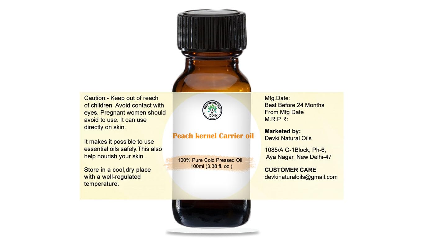 Pure & Undiluted DVNO Peach Kernel Carrier Oil for Balancing Skin, Massage, Nourishment & Moisturization - Reduces Fine Lines & Wrinkles (100ml) - Perfect for Facial Care, Body Massage & Aromatherapy