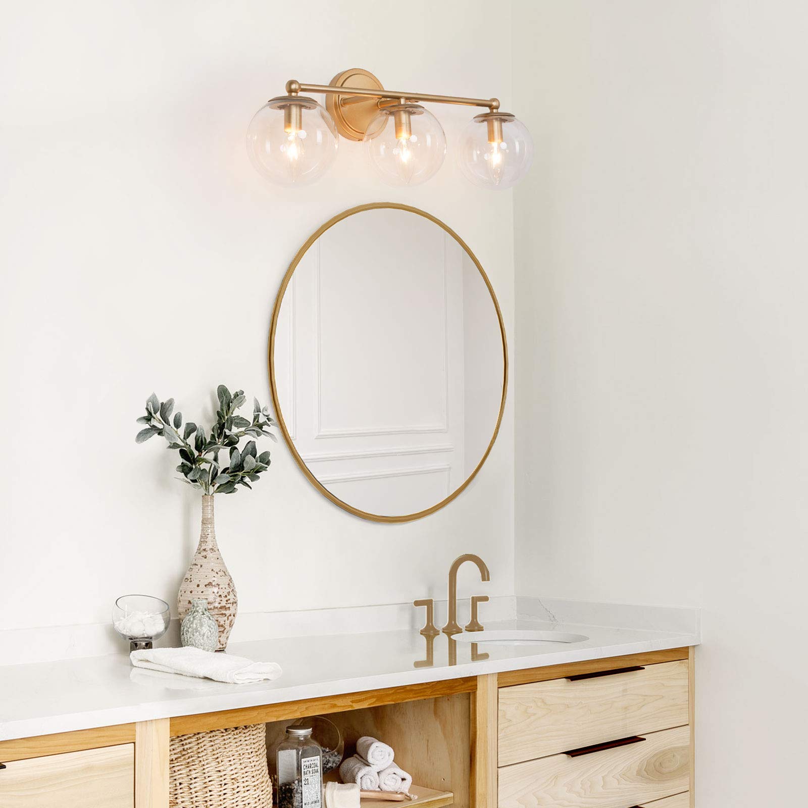 Hand-Painted Gold Bathroom Vanity Light Fixture - 3-Light Modern Bathroom Lighting with Clear Globe Glass Shades, 21.5