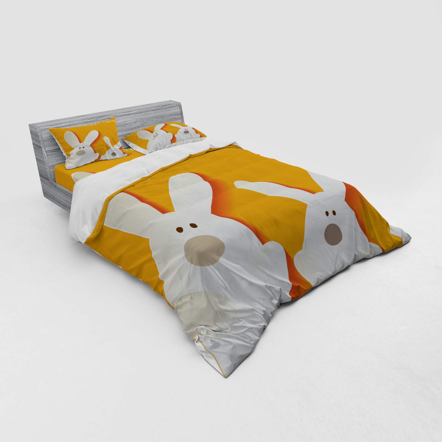 Ambesonne Easter Bunny Duvet Cover Set - 4 Piece Queen Size Bedding with Shams & Fitted Sheet, Abstract Animal Design in Warm Orange Coconut Brown - Perfect for Easter Decor, Spring Bedroom Refresh & Holiday Gift Giving