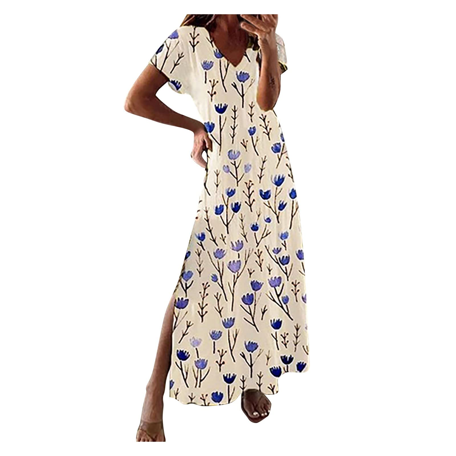 Women's Summer Maxi Dress - Loose Floral Print Short Sleeve Long Dress for Beach, Vacation & Casual Wear | Fashionable Splicing Design