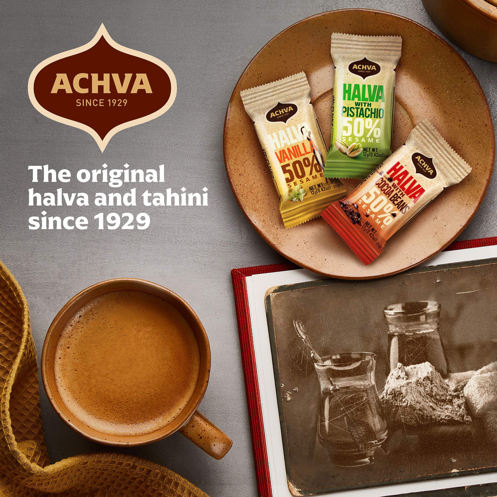 Achva Halva Tahini Bar Mini Snacks - 18-Pack Assorted Halvah Bars with Pistachio, Vanilla & Cocoa Flavors | Vegan, Kosher, Gluten-Free & Lactose-Free Israeli Snacks (12g Each) | Perfect for On-the-Go, Lunchboxes & Healthy Dessert Cravings