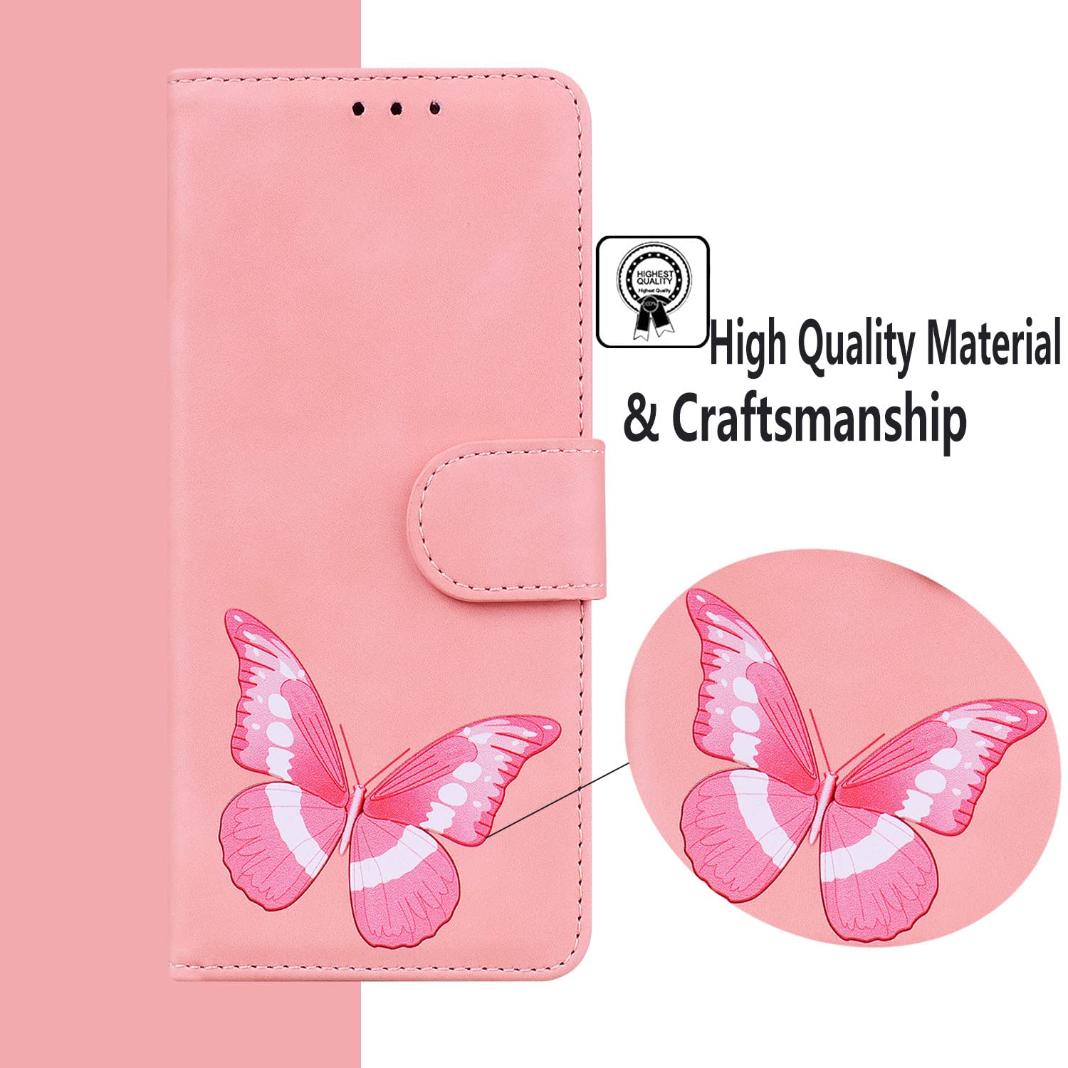 Premium Butterfly Design Flip Kickstand Magnetic Buckle Wallet Case for Oppo A33/A53 - Soft Touch Pink Cover with Card Slots | Perfect for Work, Travel & Daily Protection