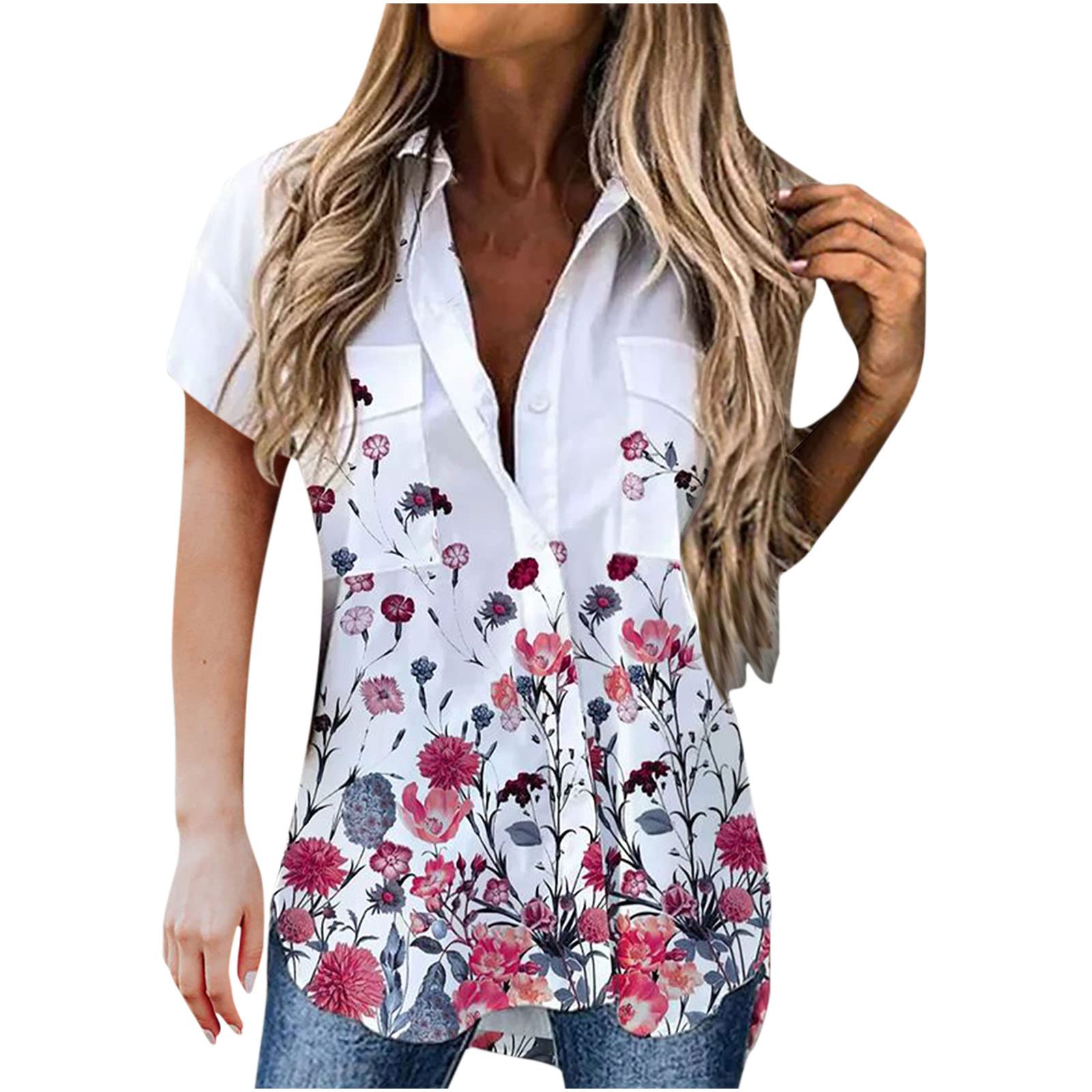 Women's Floral Short Sleeve V-Neck Button Down Shirt - Casual Summer Tunic Top with Collar for Beach, Vacation & Outdoor Activities