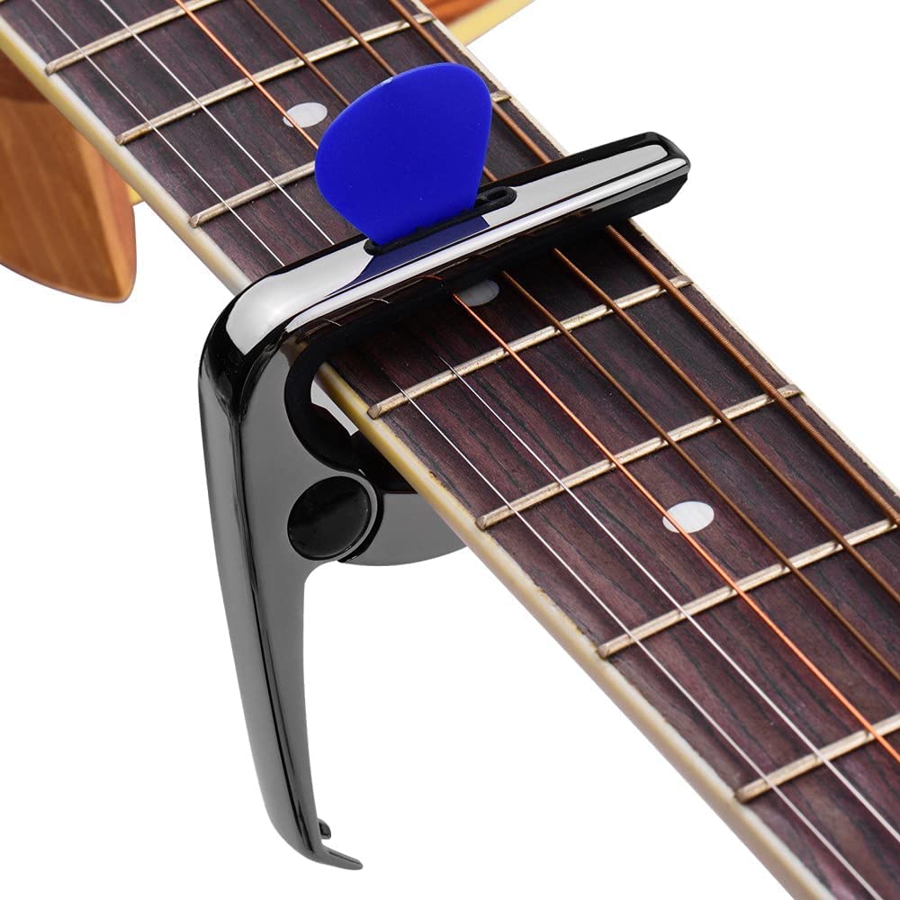 **Multifunctional Zinc Alloy Guitar Capo Tuner with 3 Picks - Perfect for Acoustic & Bass Guitar Accessories (Black) - Ideal for Live Performances, Studio Recording & Practice Sessions**