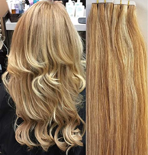 18 Inch Tape-in Hair Extensions 100g 40pcs - Real Human Remy Hair, Silky Straight #27/613 Strawberry Blonde & Platinum Blonde Highlights - Perfect for Parties, Weddings & Daily Styling