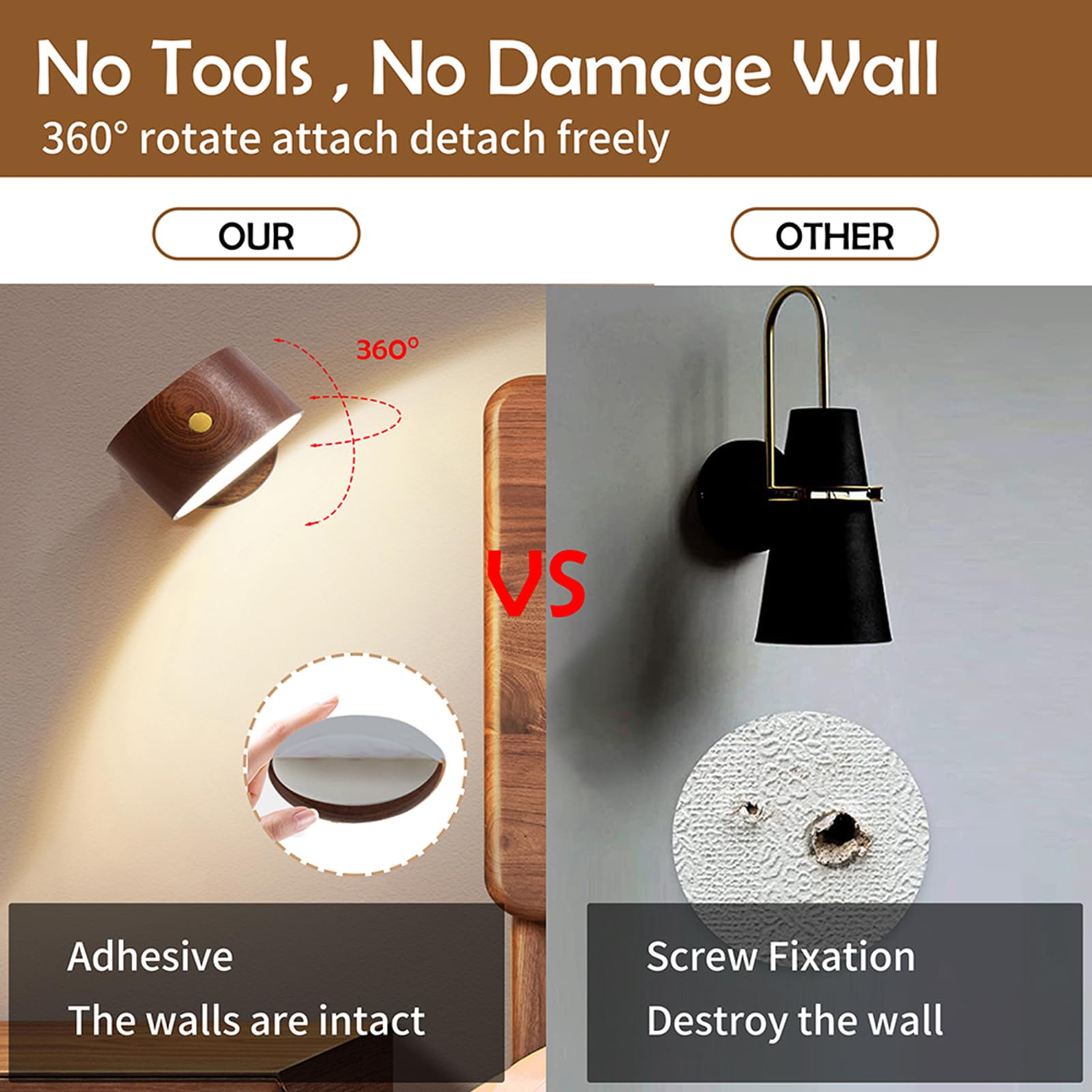 LANDGOO Rotatable USB Rechargeable Magnetic LED Wall Sconce - Dimmable Reading Light for Bedroom, Cabinet & Night Light | Battery Operated, Sapele Wood Finish, Modern Household Lighting