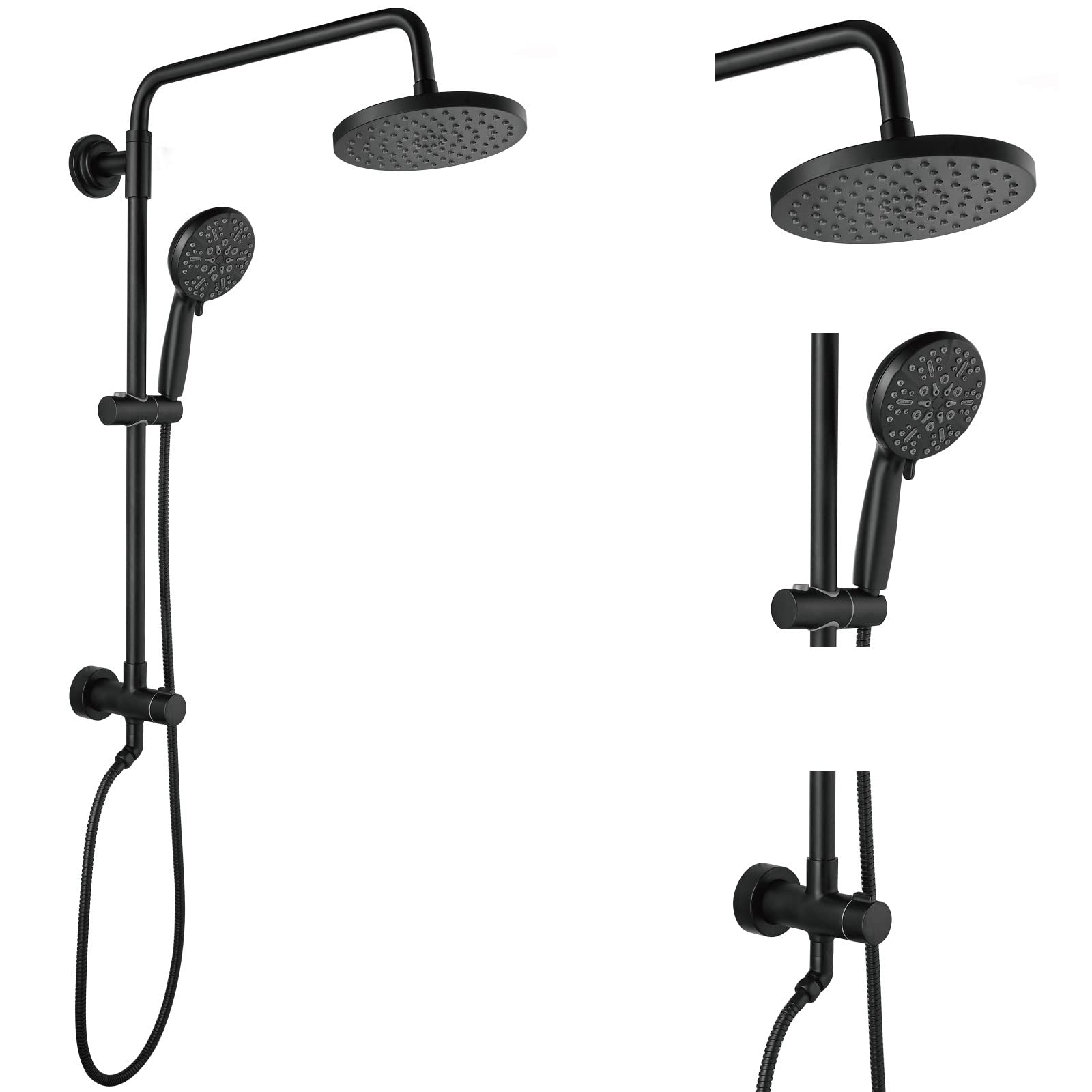 Aolemi 5-Function Retrofit Shower System - 8 Inch Rainfall Shower Head with Adjustable Slide Bar & Handheld Sprayer - Matte Black Wall Mount Bathroom Faucet Combo Set (Includes Straight Shower Arm) - Perfect for Modern Bathroom Renovations & Spa-Like Shower Experience
