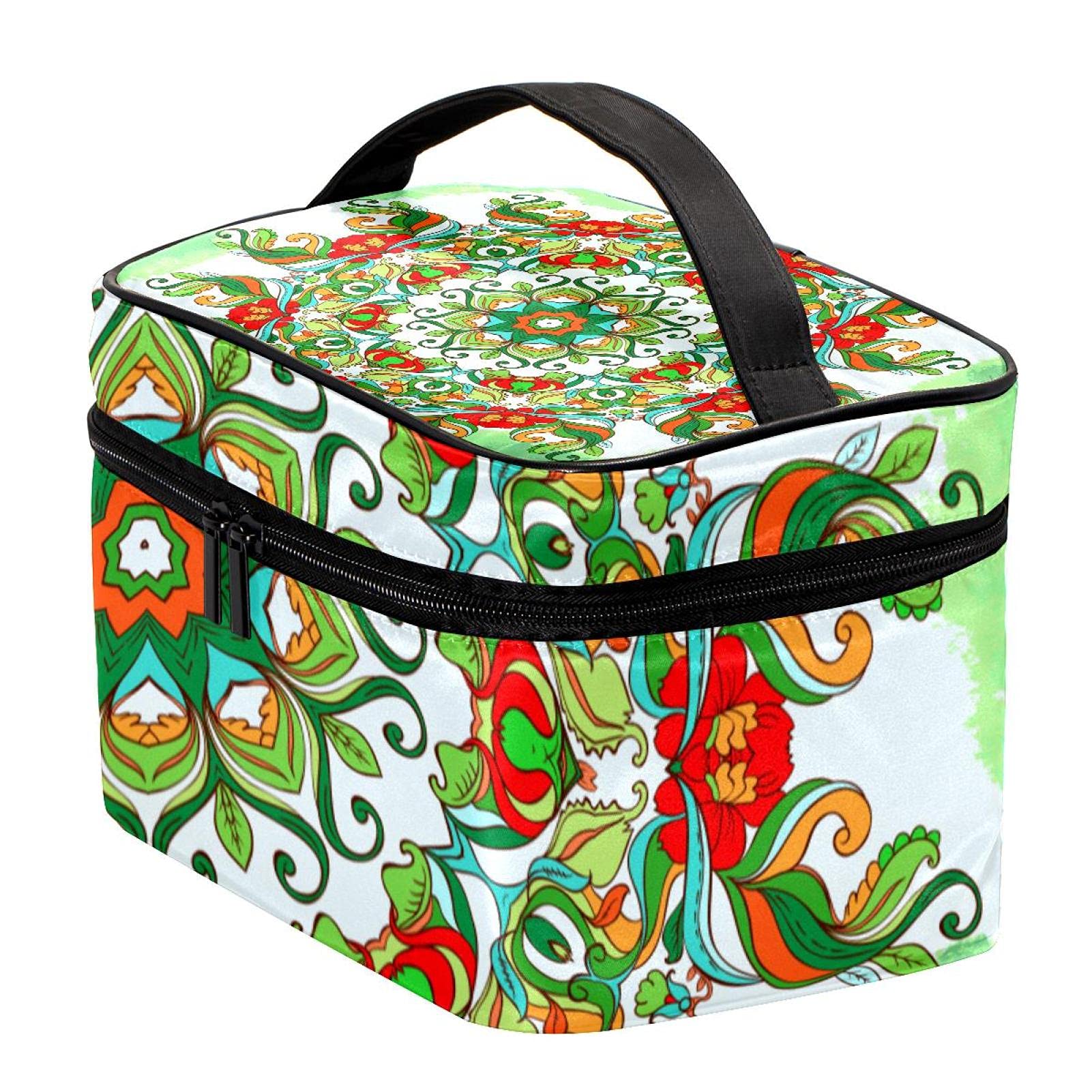 Trippy Green Mandala Floral Travel Makeup Bag - Large Cosmetic Organizer with Zipper for Women & Girls | Perfect for Vacation, Gym, and Daily Essentials Storage