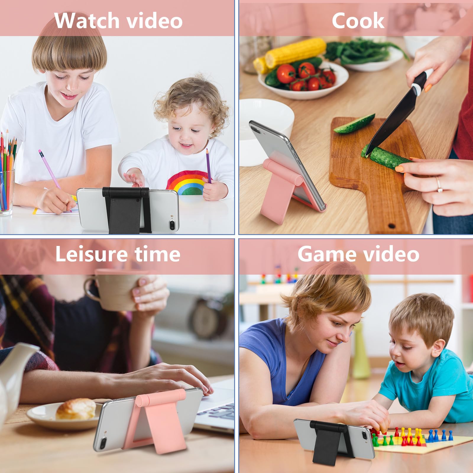 Frienda 4-Piece Foldable Multi-Angle Phone Stand Holder - Universal Adjustable Smartphone & Tablet Dock for Desk (Black, Pink) - Perfect for Video Calls, Watching Movies & Hands-Free Use at Home/Office