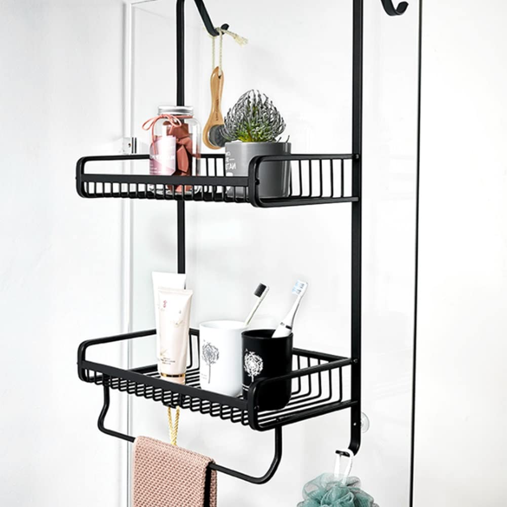 Over The Door Hanging Organizer - Heavy Duty Spice Rack Shelf with Hooks & Towel Bar for Bathroom, Kitchen, Pantry - Space Saving Storage Solution (Black, 2 Baskets, 30cm) - Perfect for Small Spaces, Apartments & Dorm Rooms