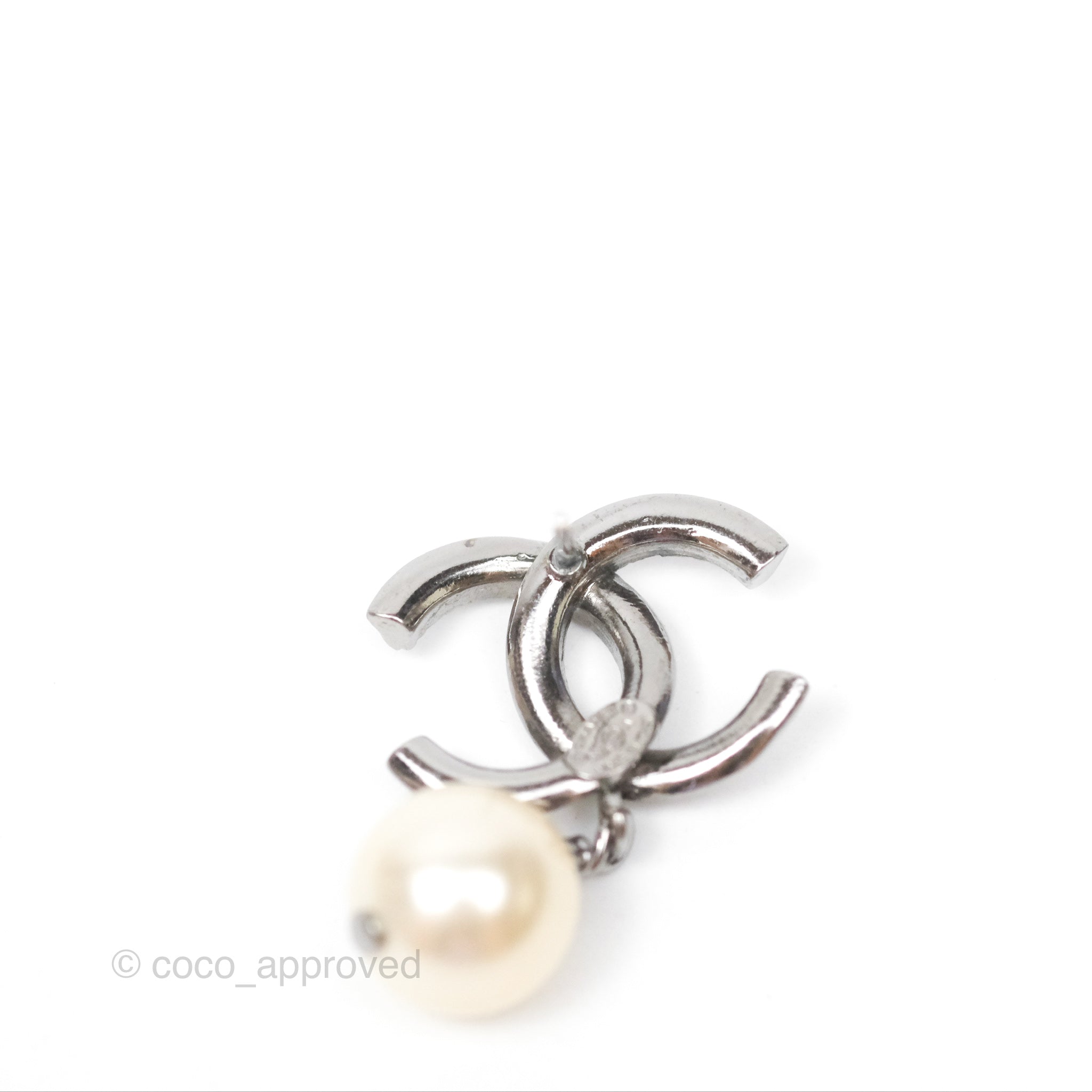 Chanel CC Pearl Drop Earrings in Gun Metal - Elegant Luxury Jewelry for Women | Perfect for Parties, Weddings & Special Occasions