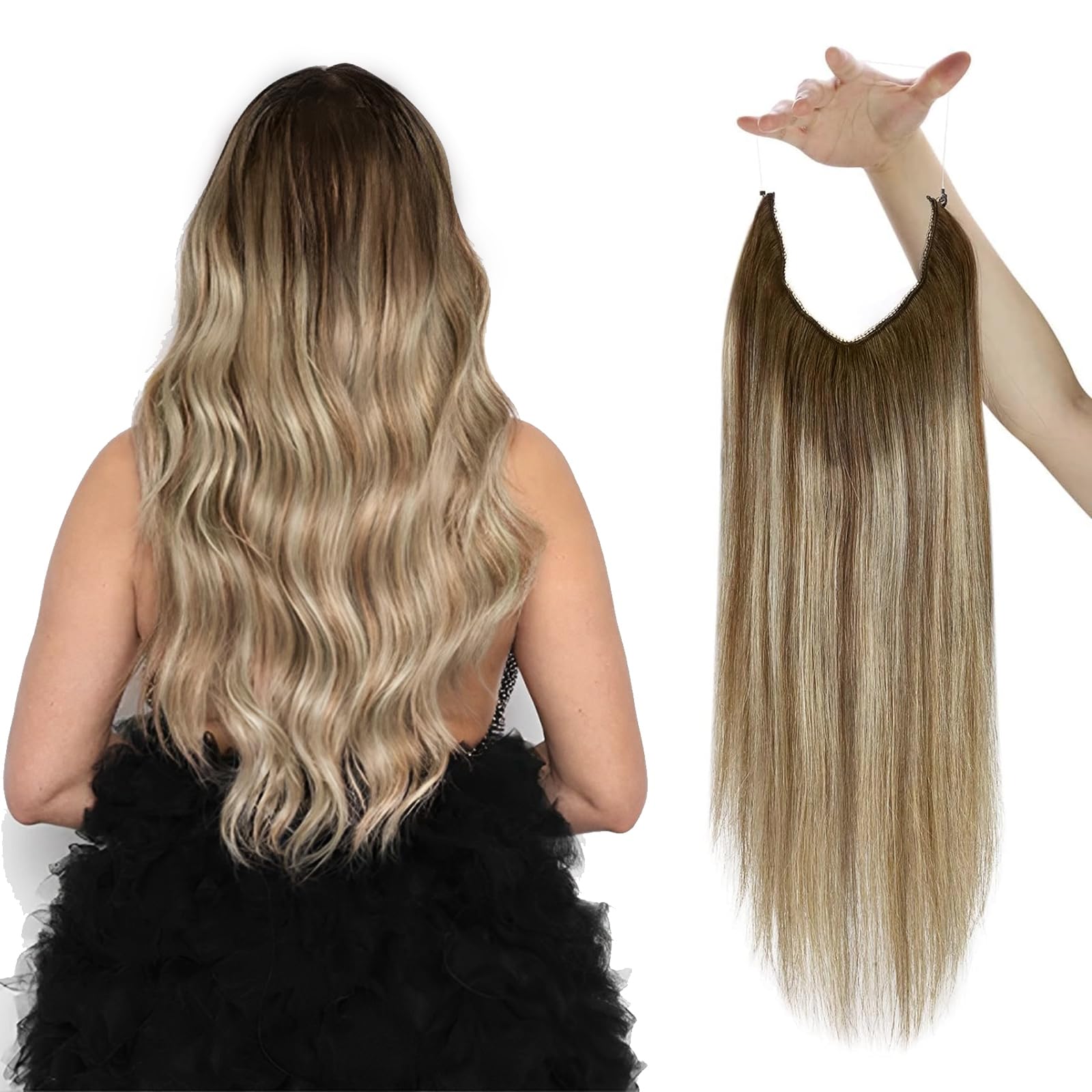 Tinashe 20-Inch Human Hair Clip-In Extensions - Chocolate Brown, Ash Brown & Honey Blonde - 90g Invisible Wire Hair Extensions with Secret Headband for Natural Volume & Styling | Perfect for Parties, Weddings & Daily Wear