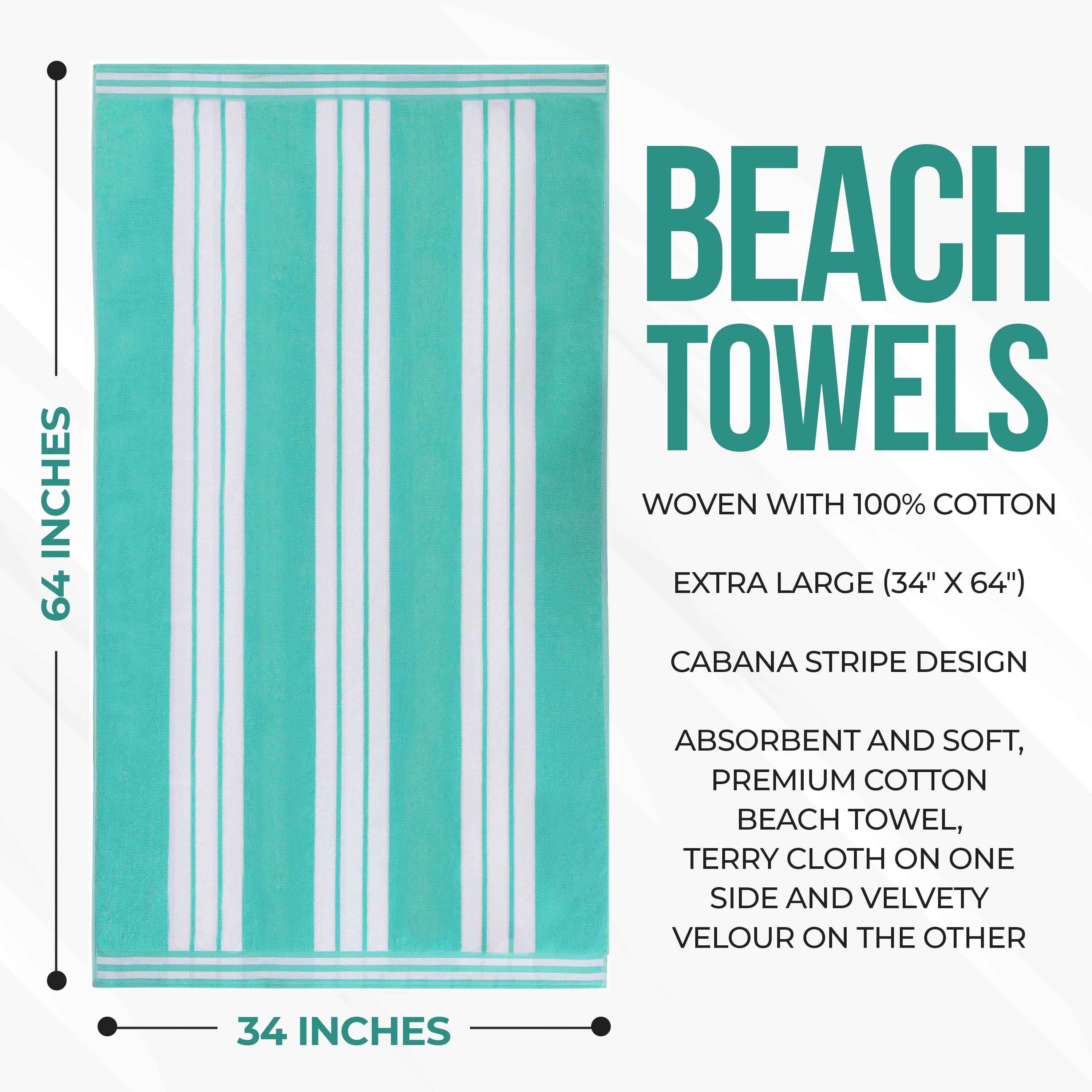 Premium Oversized Cabana Striped Cotton Beach Towel Set - 2, 4, or 6 Pack - Soft Quick-Dry Bath Towels for Pool, Beach, Vacation & Spa Days