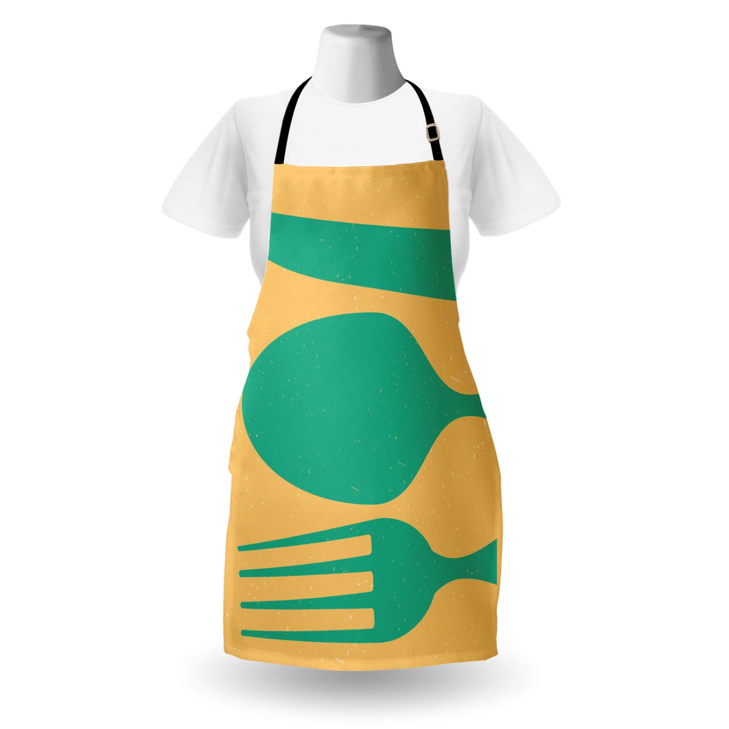 Ambesonne Personalized Chef Apron - Cooking Theme Kitchen Bib with Spoons & Forks Monochrome Grungy Art - Adjustable Neck Unisex Adult Apron in Almond Green - Perfect for Cooking, Baking, BBQ & Kitchen Decor