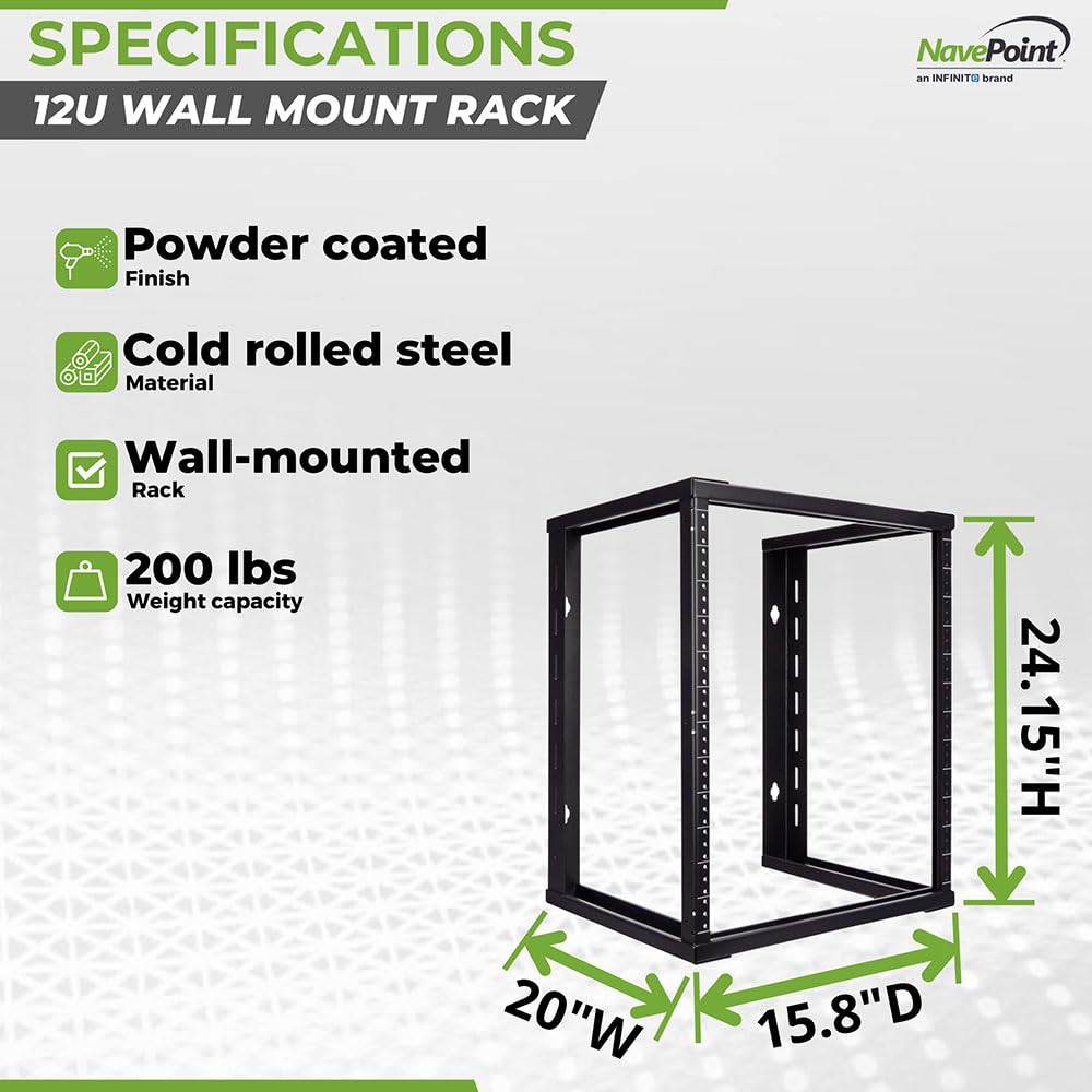 NavePoint 12U Wall Mount Open Frame 19 Inch Server Rack - 16 Inch Depth, Black | Network Equipment & AV Installation for Home & Office